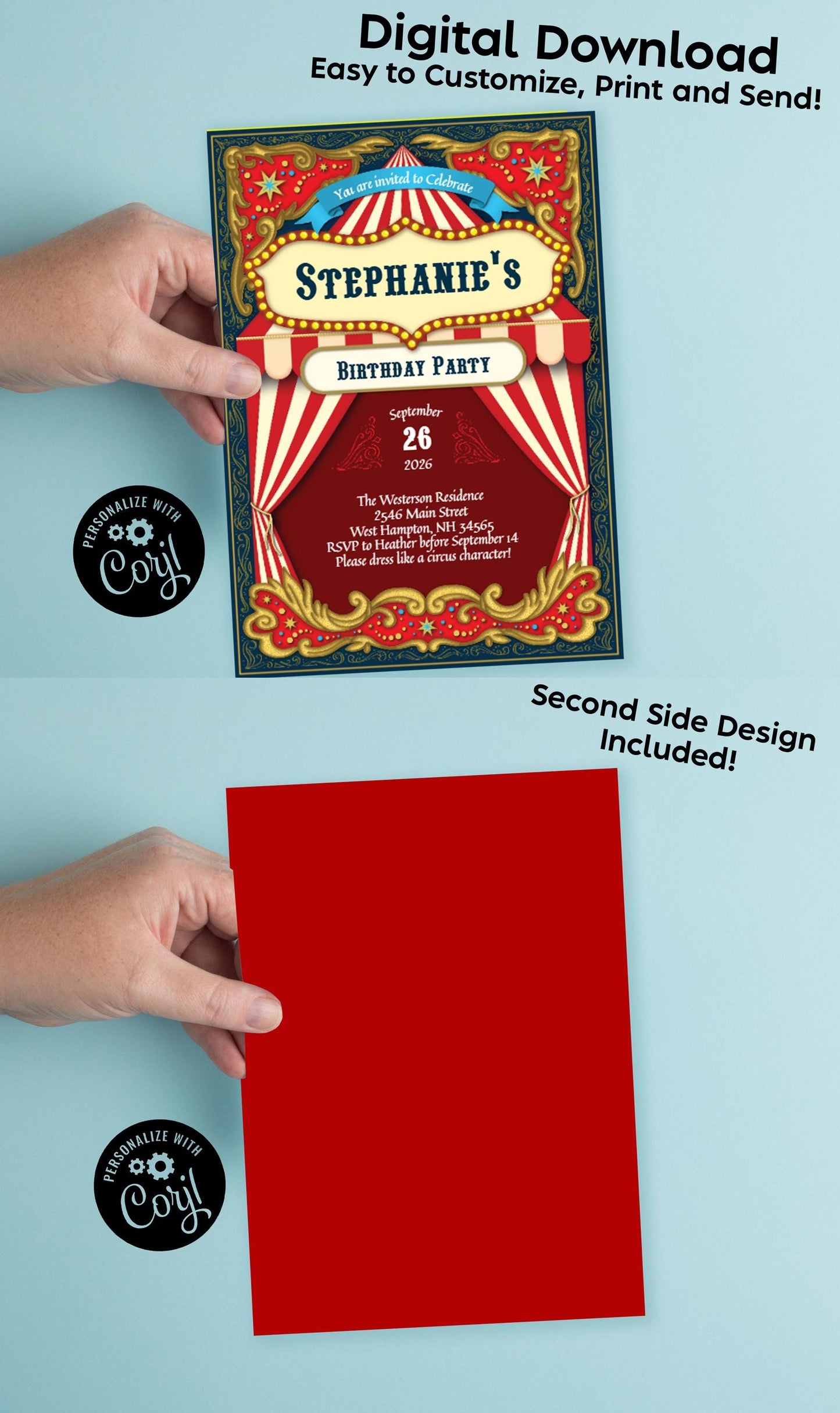 Circus Carnival Birthday Party Invitation Editable Digital Download Cute Kids Big Top 1st Toddler