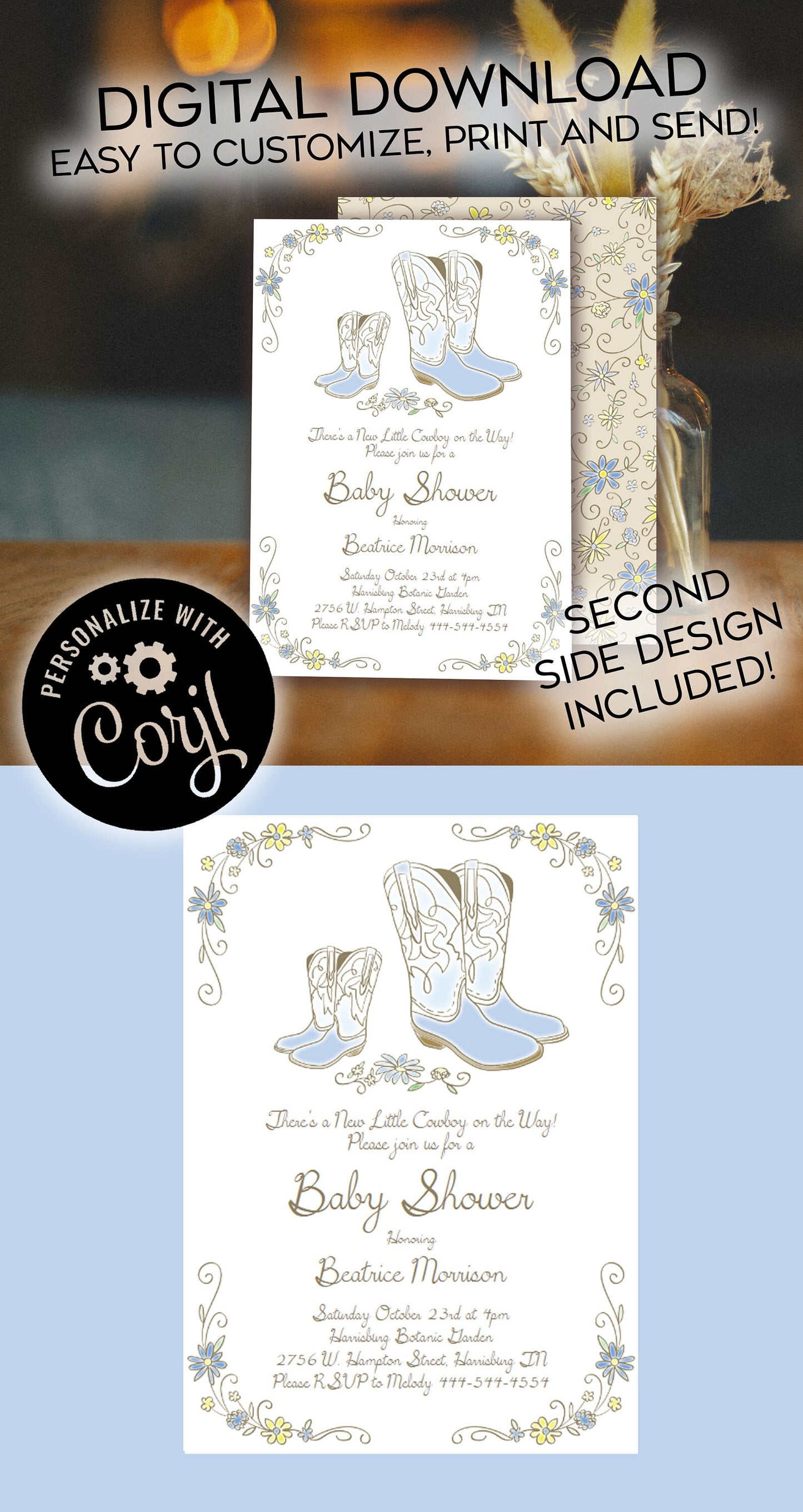 Cowboy Baby Shower Invitation Editable Digital Country Western Boots Cute Download