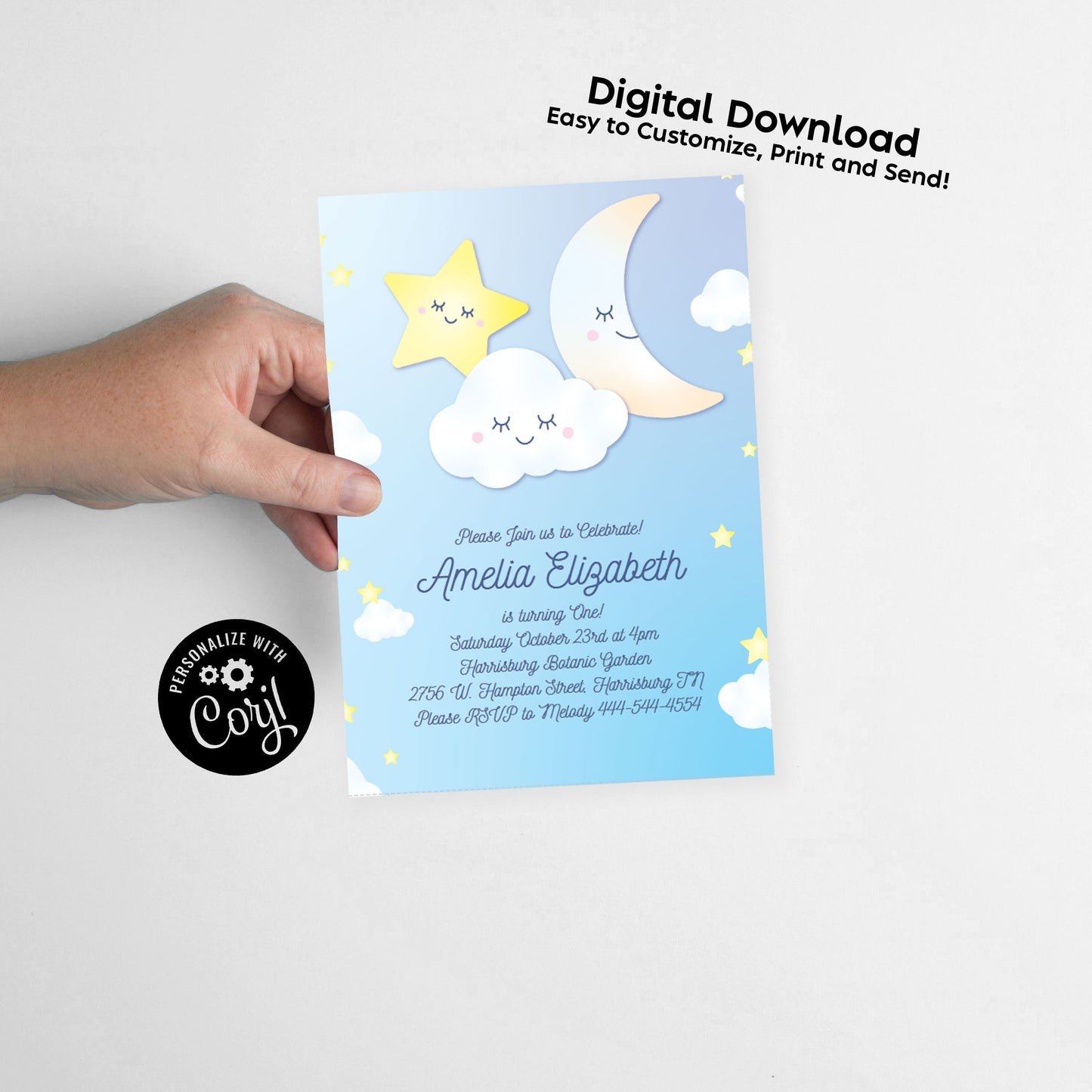 Over the Moon and Stars Invitation Baby Shower Birthday Party Editable Digital Download Cute