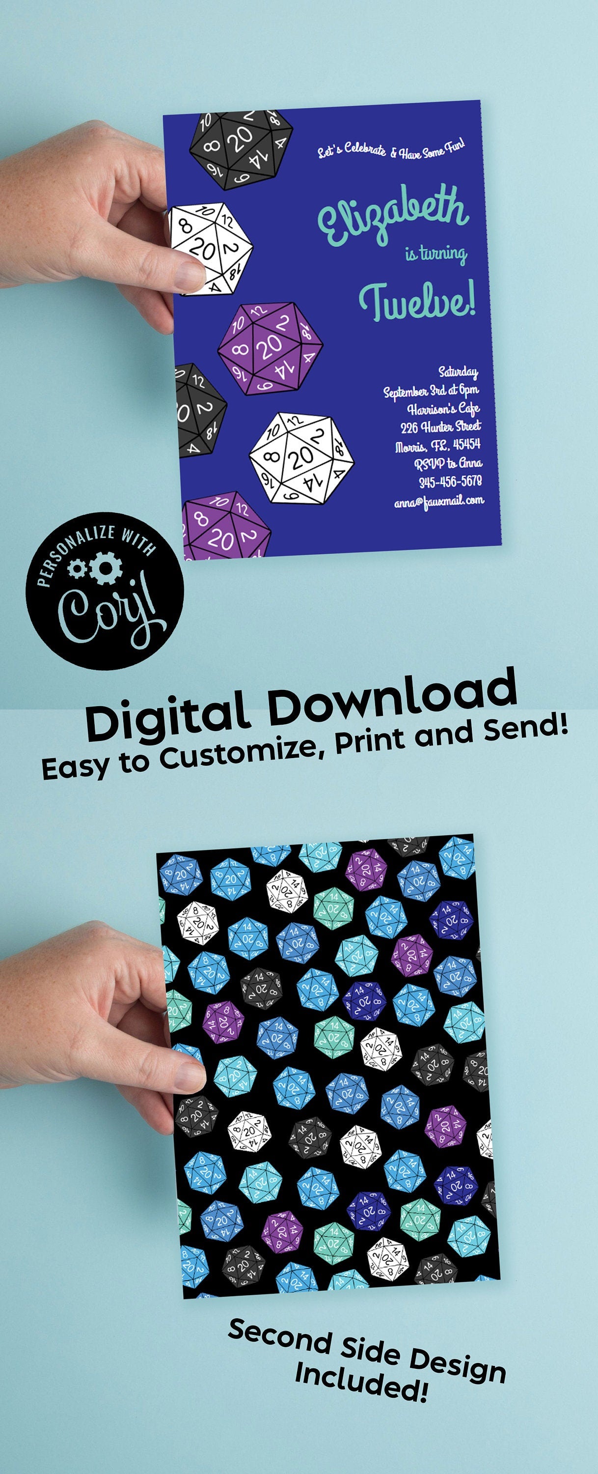 DND Dungeons and Dragons Birthday Party Invitation Editable Digital Download 20 Sided Dice Kids