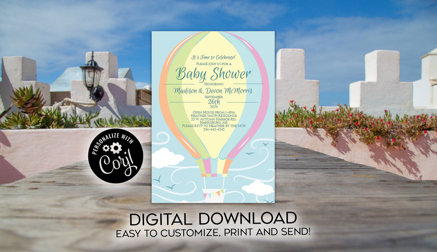 Pastel Rainbow Hot Air Balloon Baby Shower Invitation Editable Digital Elegant Download