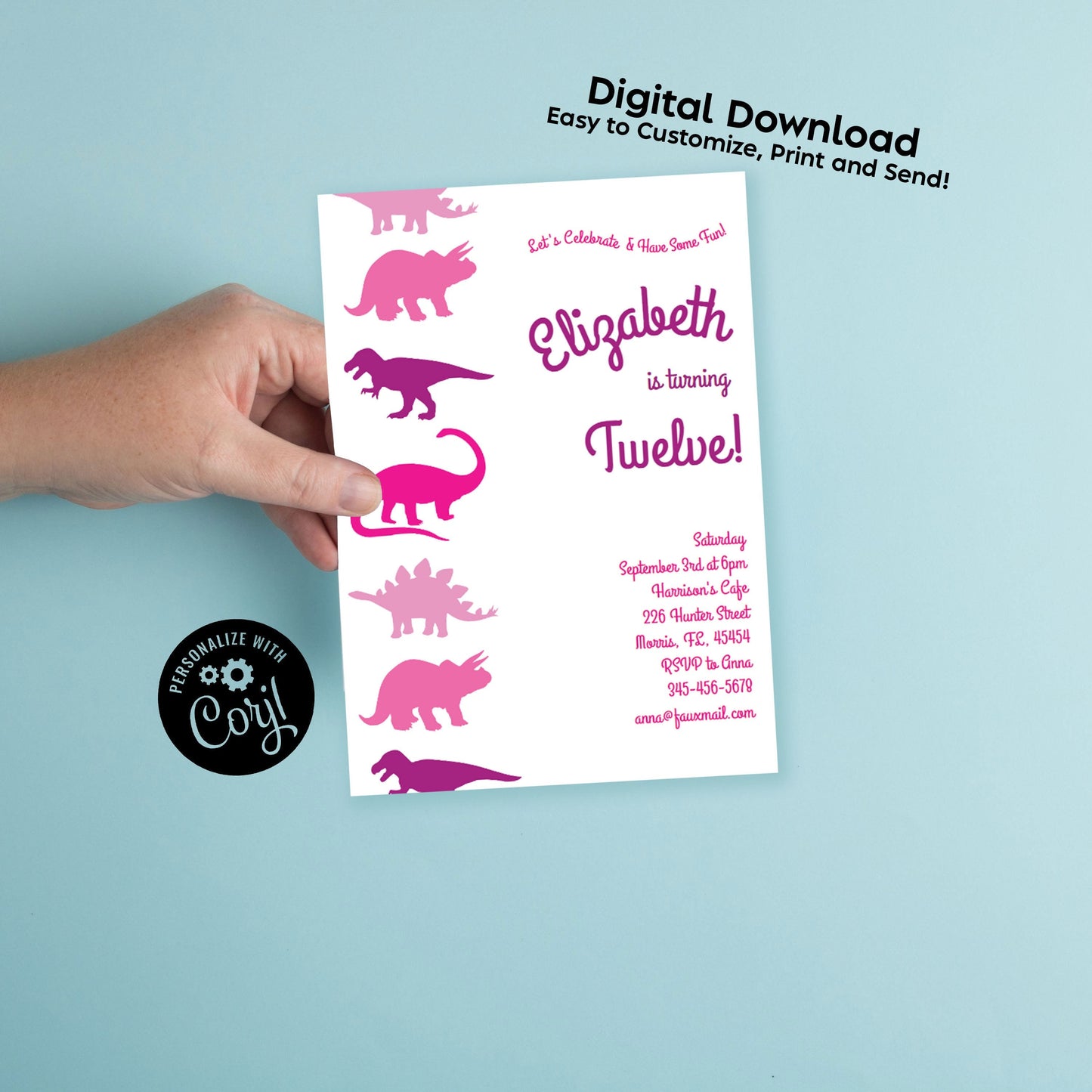 Pink Dinosaur Birthday Party Invitation Editable Digital Download Cute Kids Silhouette Girls