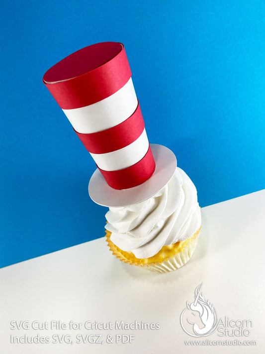 3D Paper Red and White Stripe Top Hat SVG File Cut File for Cricut Cupcake Topper Kid's Storybook Party Decor
