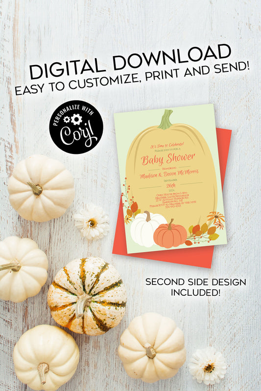 Fall Pumpkin Baby Shower Invitation Editable Digital Elegant Gender Neutral Download
