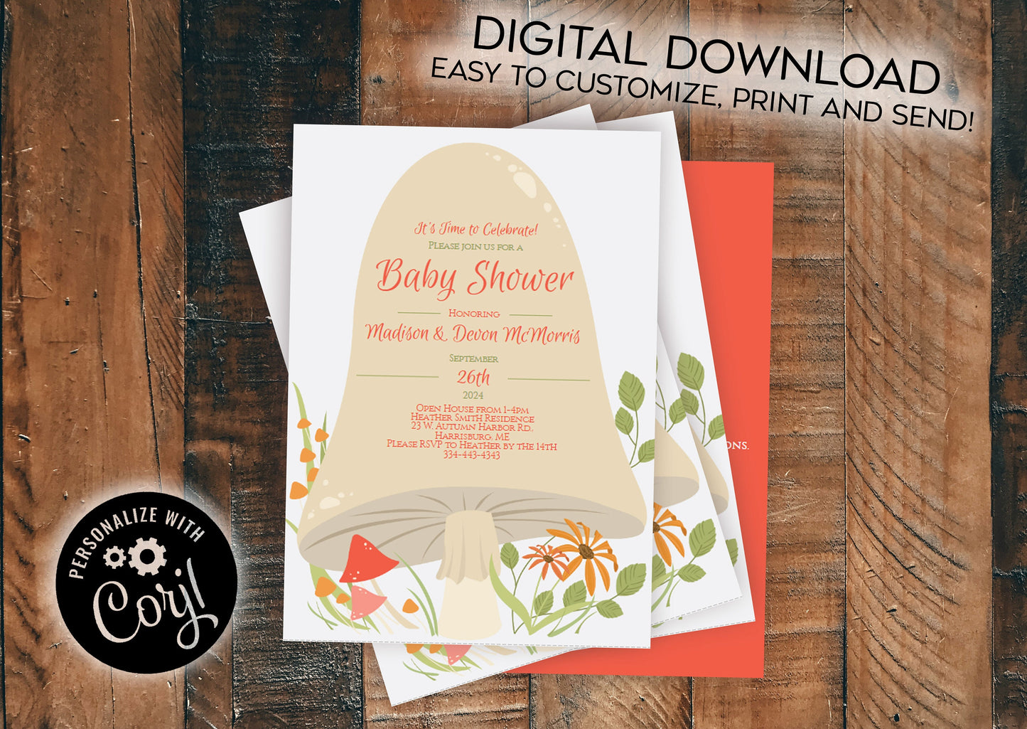Woodland Mushroom Baby Shower Invitation Editable Digital Download