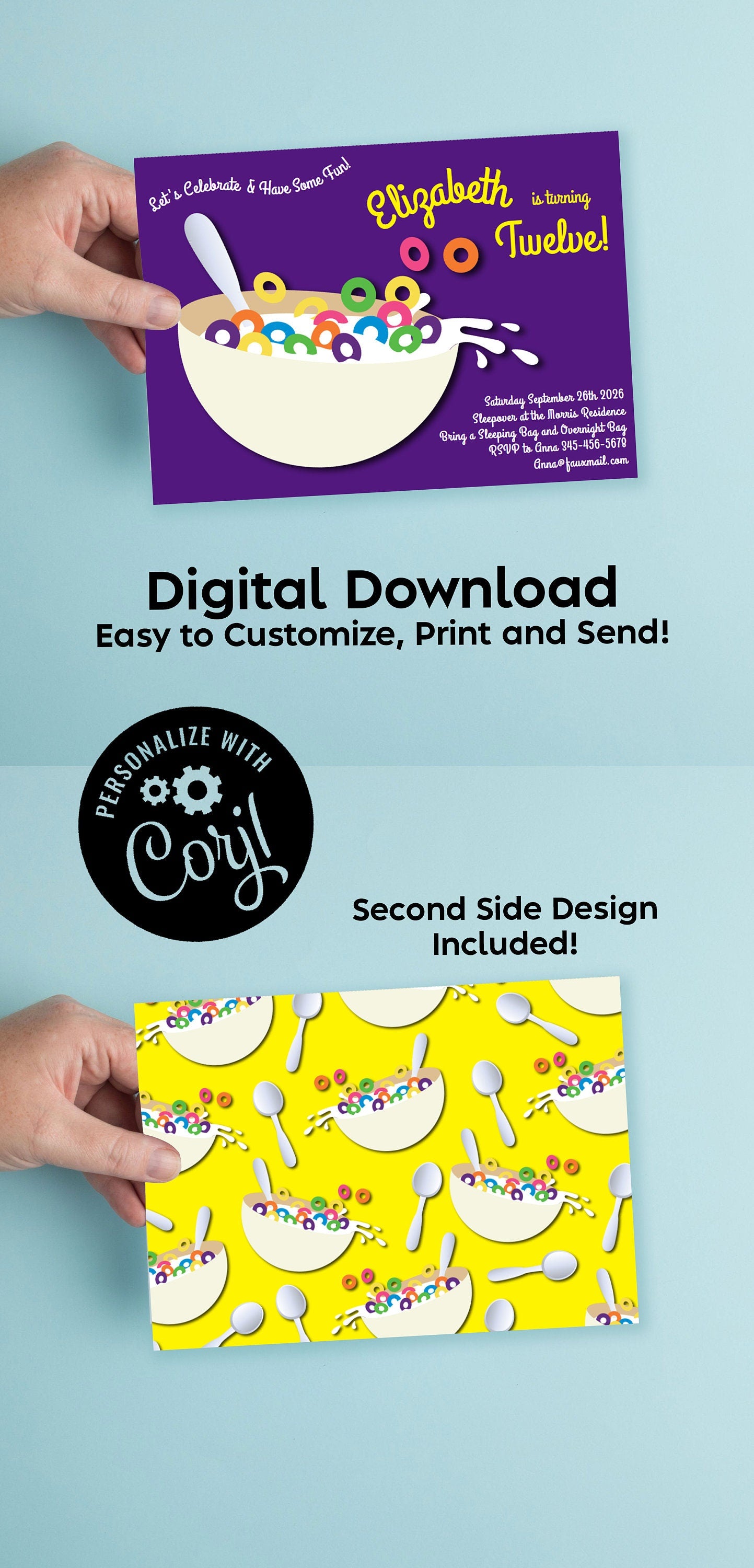 Cereal Bowl Birthday Party Invitation Editable Digital Download Sleepover Cute Kids