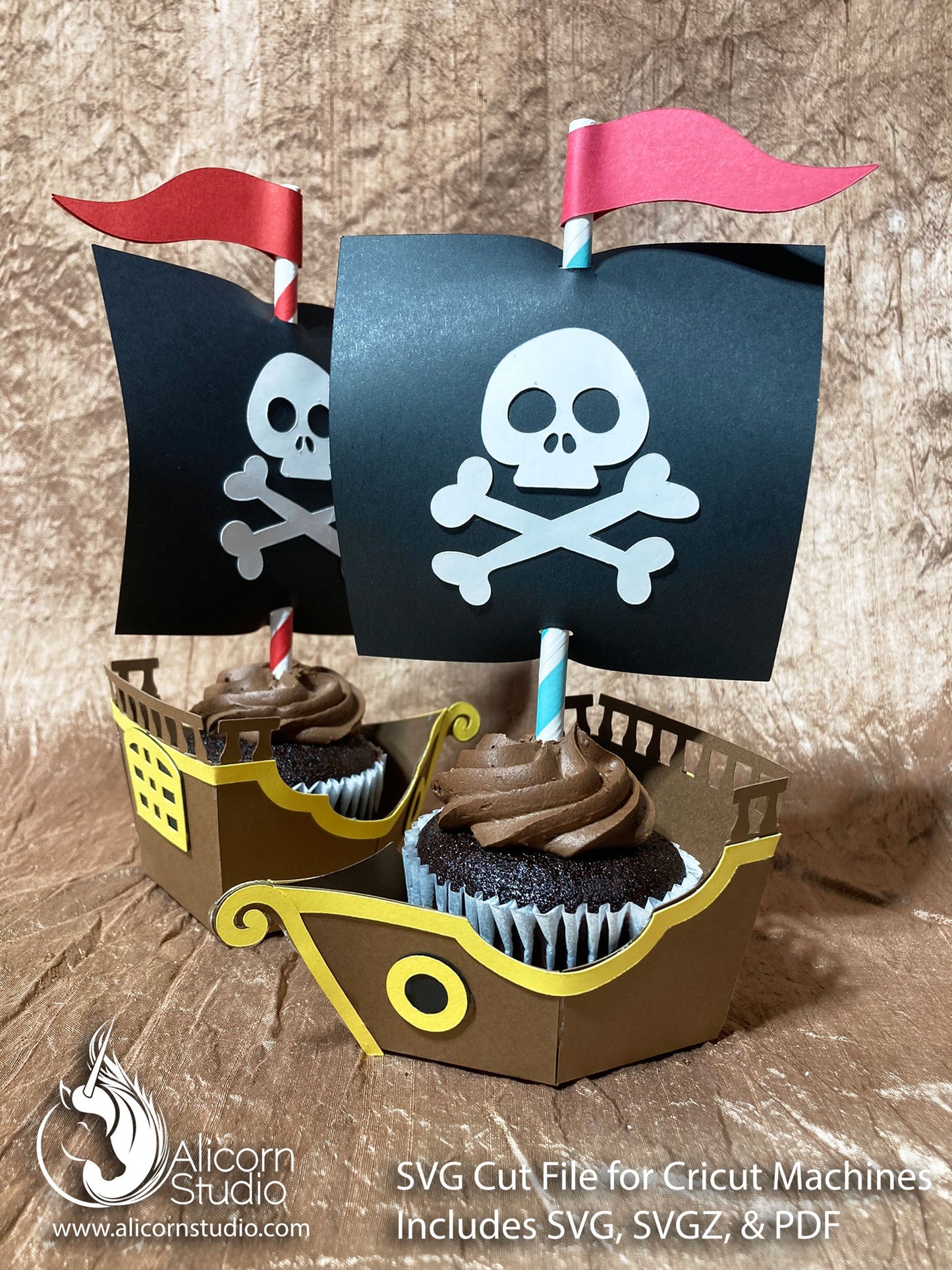 Pirate Ship SVG Cricut Cut File 3D Paper Cupcake Wrap Liner Wrapper Birthday Party Decor