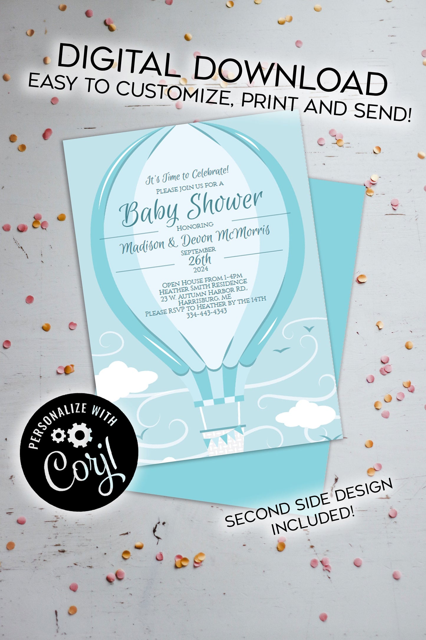 Blue Hot Air Balloon Baby Shower Invitation Editable Digital Elegant Boy Download
