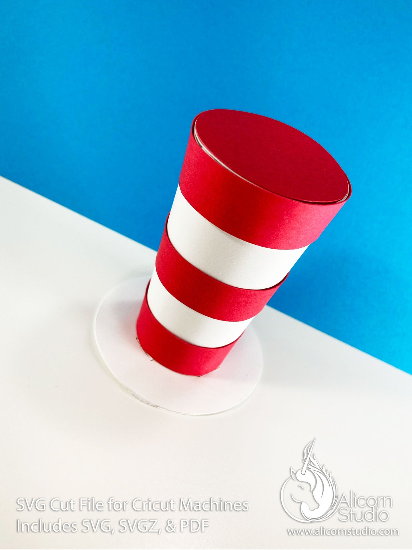 3D Paper Red and White Stripe Top Hat SVG File Cut File for Cricut Cupcake Topper Kid's Storybook Party Decor