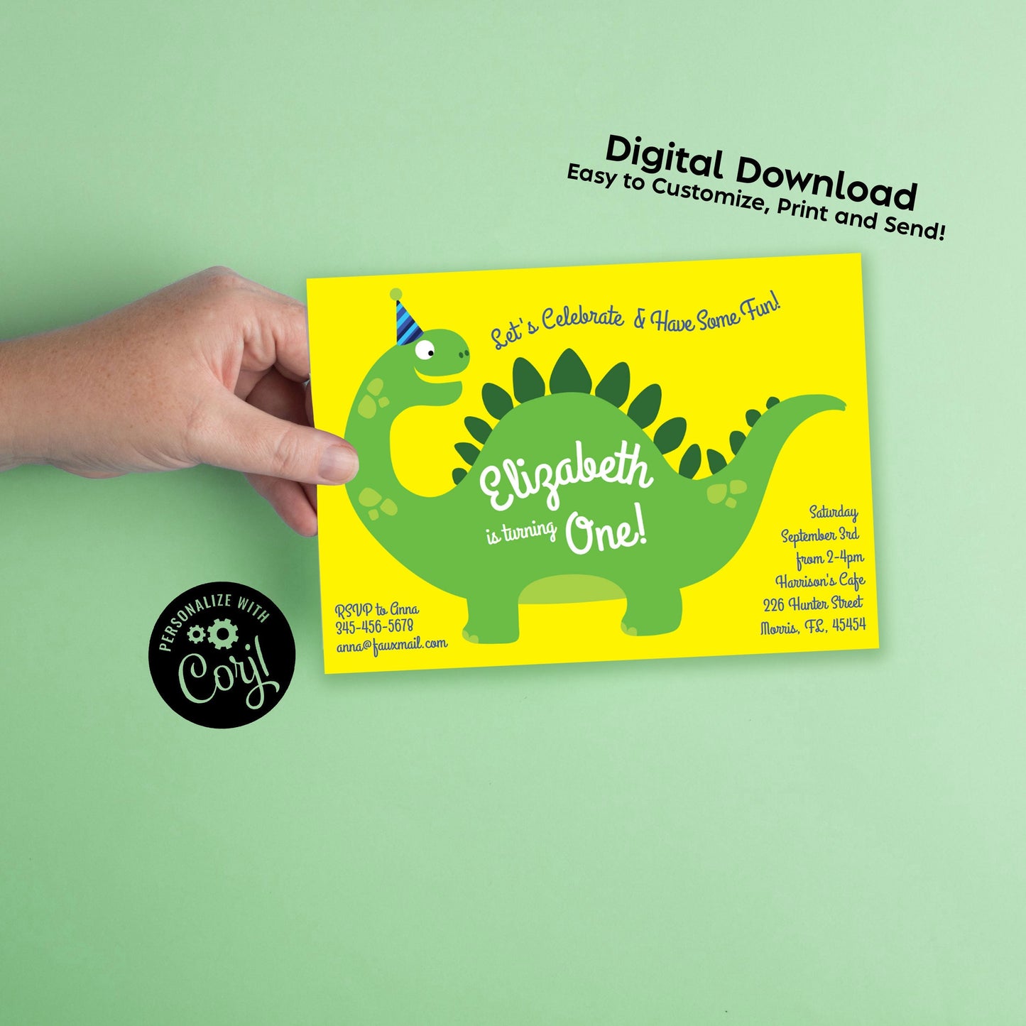 Dinosaur Birthday Party Invitation Editable Digital Download Cute Kids cartoon