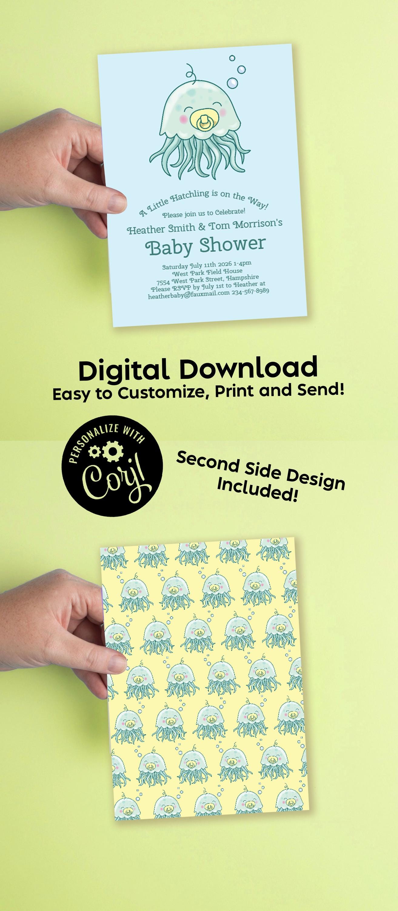 Jellyfish Under the Sea Baby Shower Invitation Editable Digital Download Cute Kids