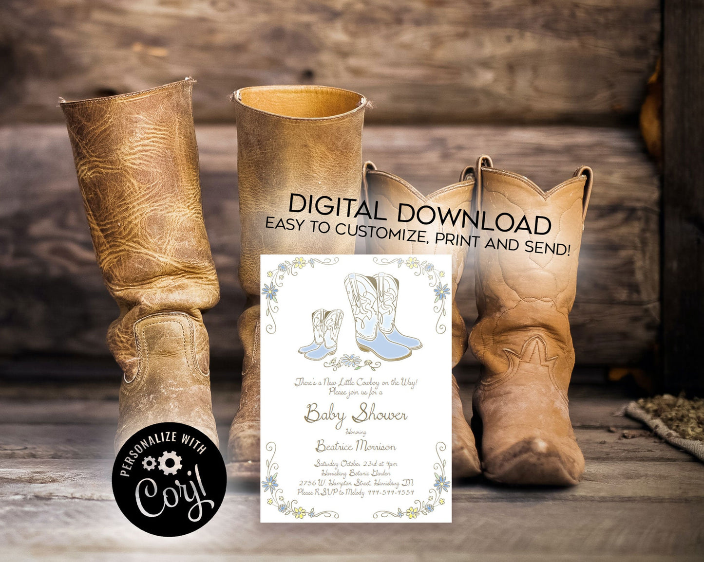Cowboy Baby Shower Invitation Editable Digital Country Western Boots Cute Download