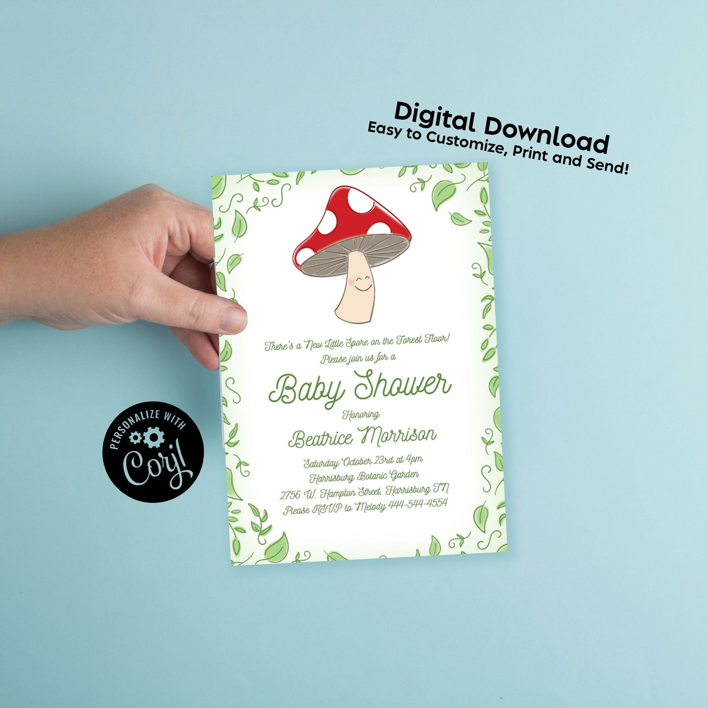 Mushroom Baby Shower Party Invitation Editable Digital Download Cute Cartoon