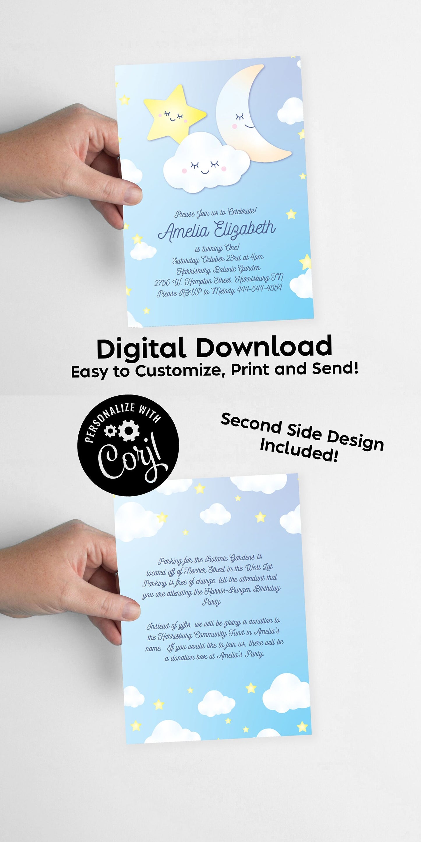 Over the Moon and Stars Invitation Baby Shower Birthday Party Editable Digital Download Cute