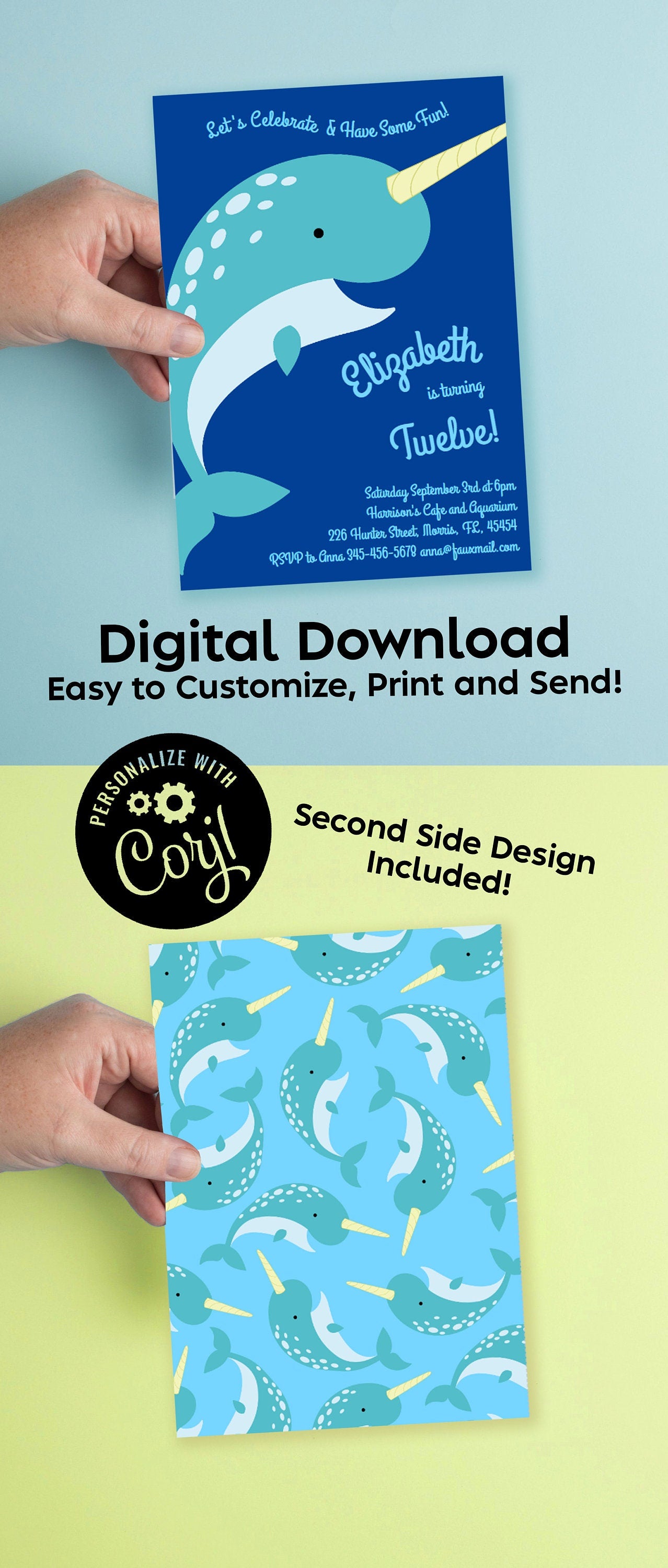 Narwhal Birthday Party Invitation Editable Digital Download Cute Kids Ocean Animal