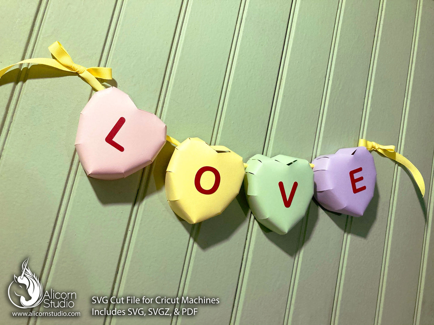 3D Paper Candy Hearts Valentine's Day Banner Bunting SVG File Cut File for Cricut Party Decor