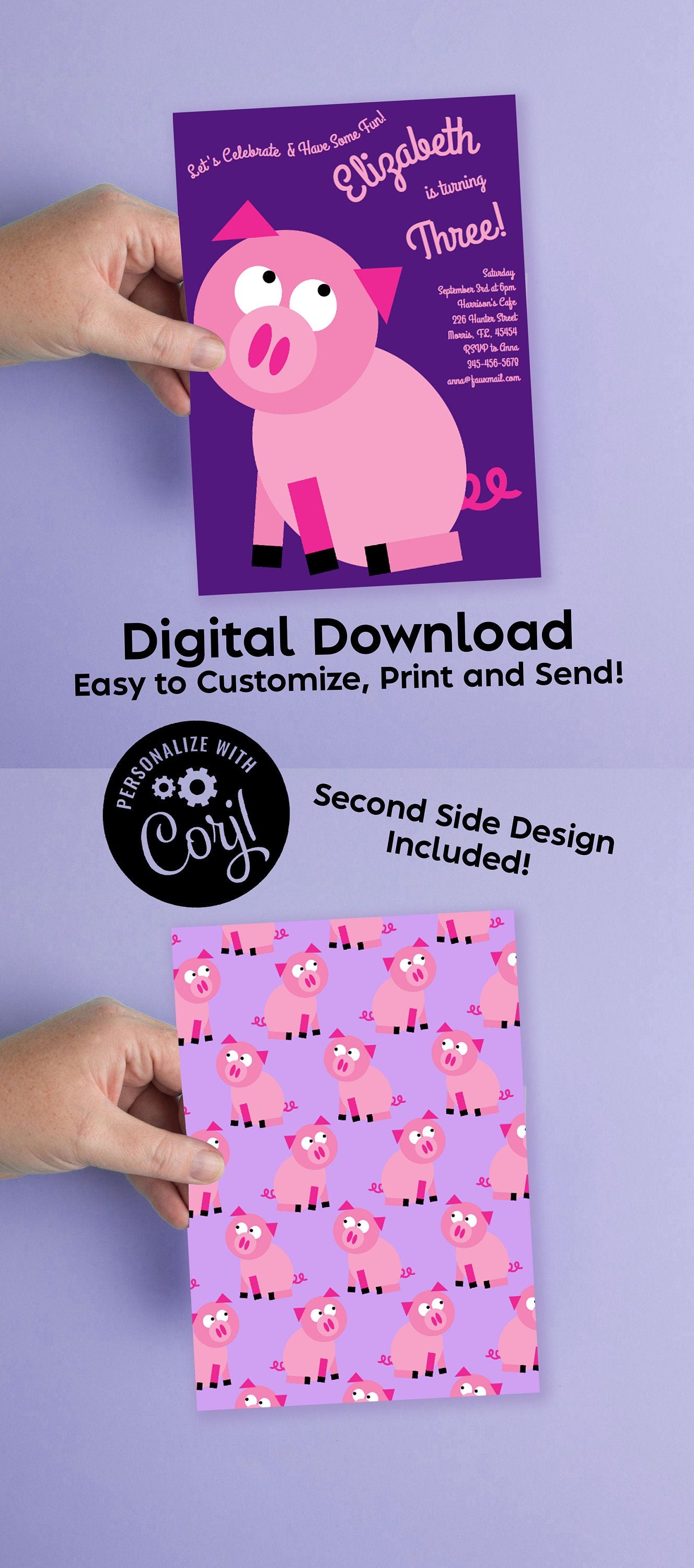 Pink Pig Birthday Party Invitation Editable Digital Download Cute Kids 1st Toddler Farm