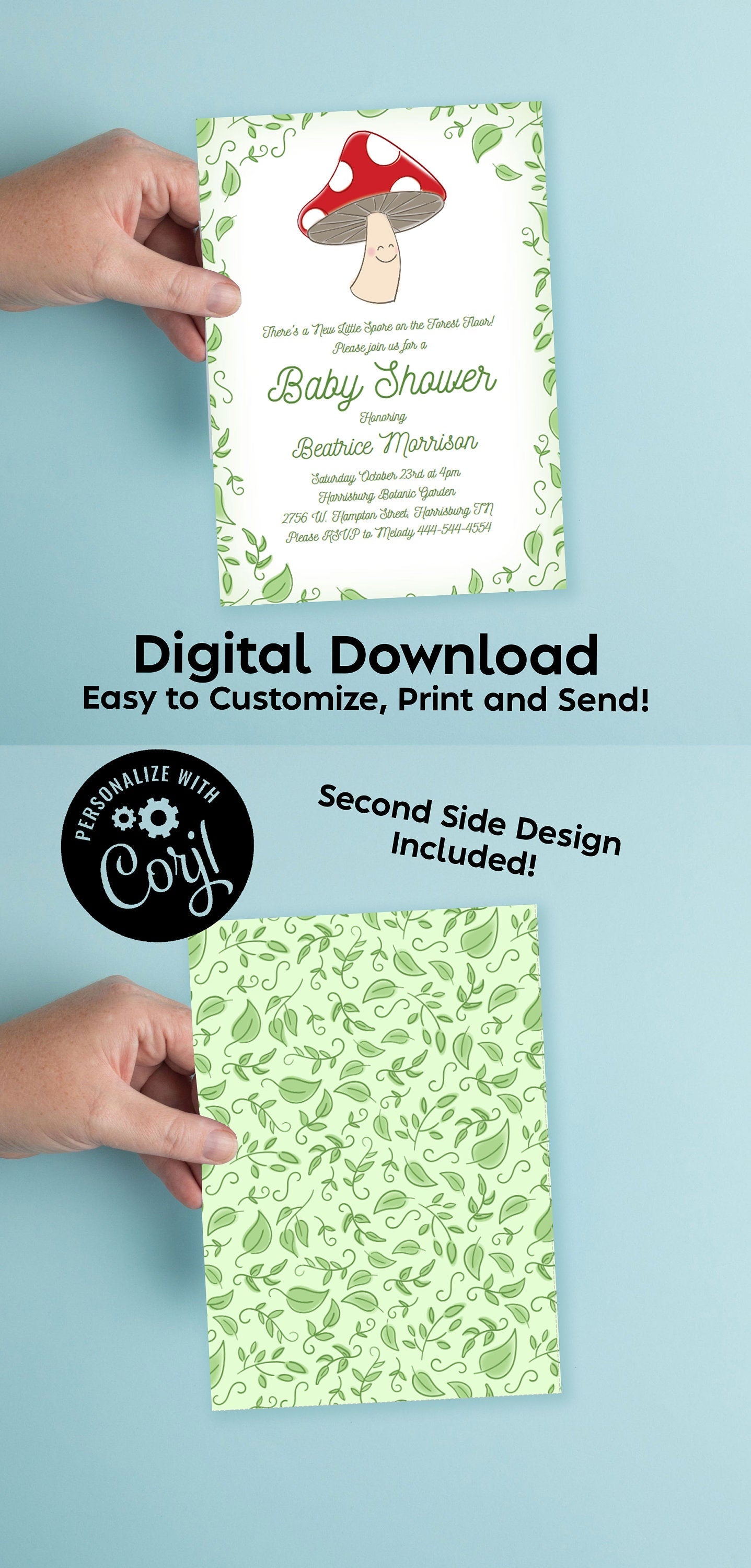 Mushroom Baby Shower Party Invitation Editable Digital Download Cute Cartoon