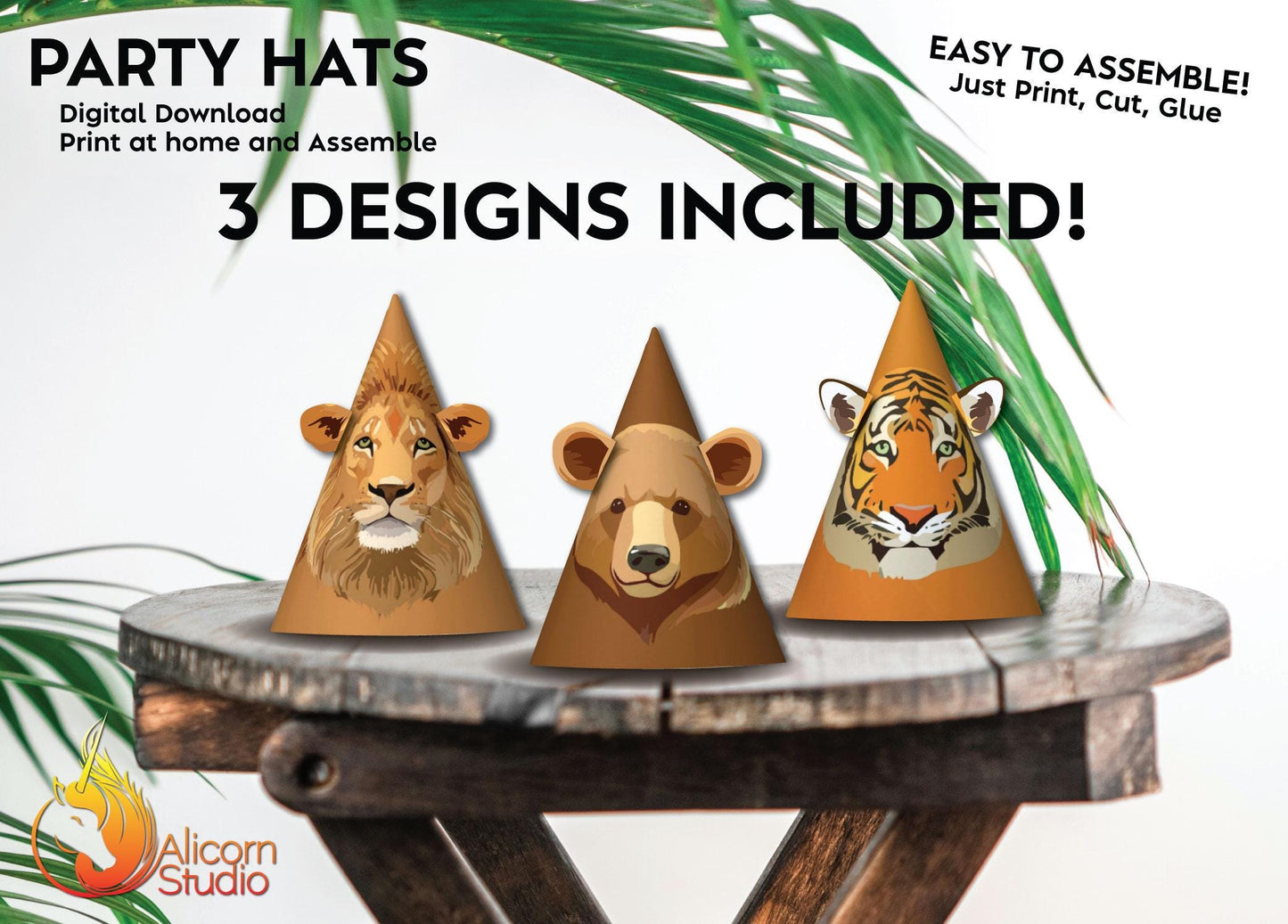 Animal Party Hats Digital File Print and Cut Printable Party Decor Birthday Carnival Circus