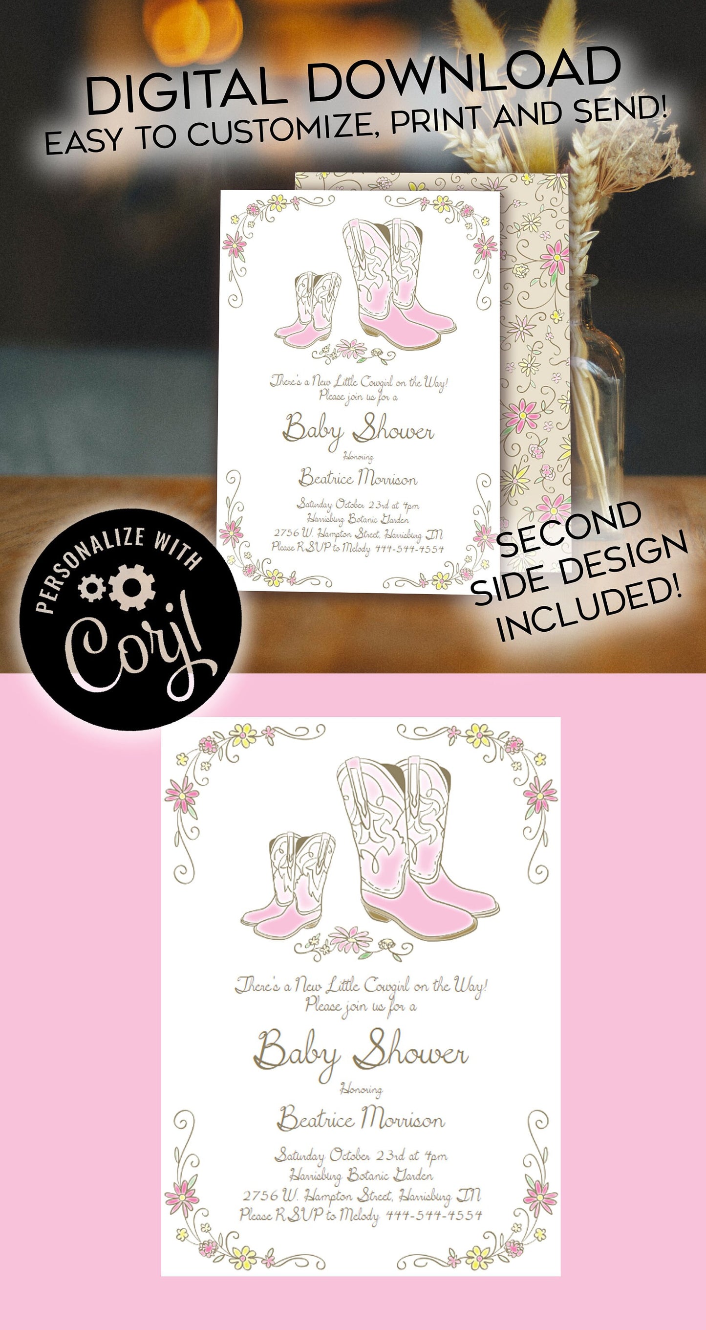 Cowgirl Baby Shower Invitation Editable Digital Country Western Pink Girl Boots Cute Download