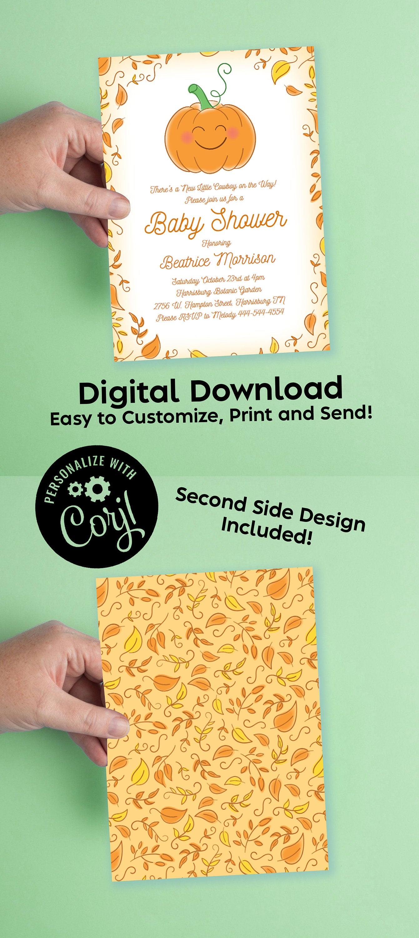 Pumpkin Baby Shower Party Invitation Editable Digital Download Cute Fall Cartoon