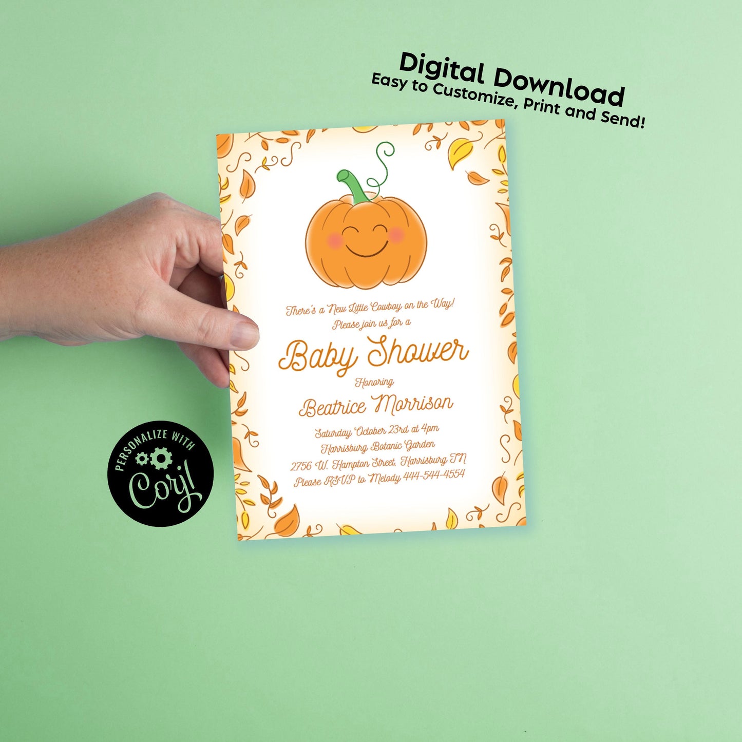 Pumpkin Baby Shower Party Invitation Editable Digital Download Cute Fall Cartoon