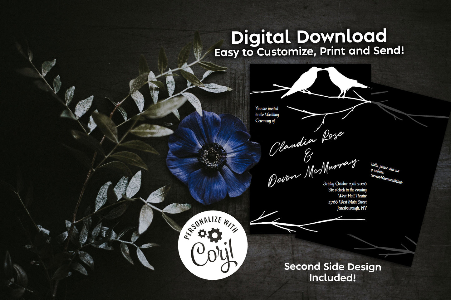 Raven Crows Gothic Wedding Invitation Editable Digital Download Halloween Party