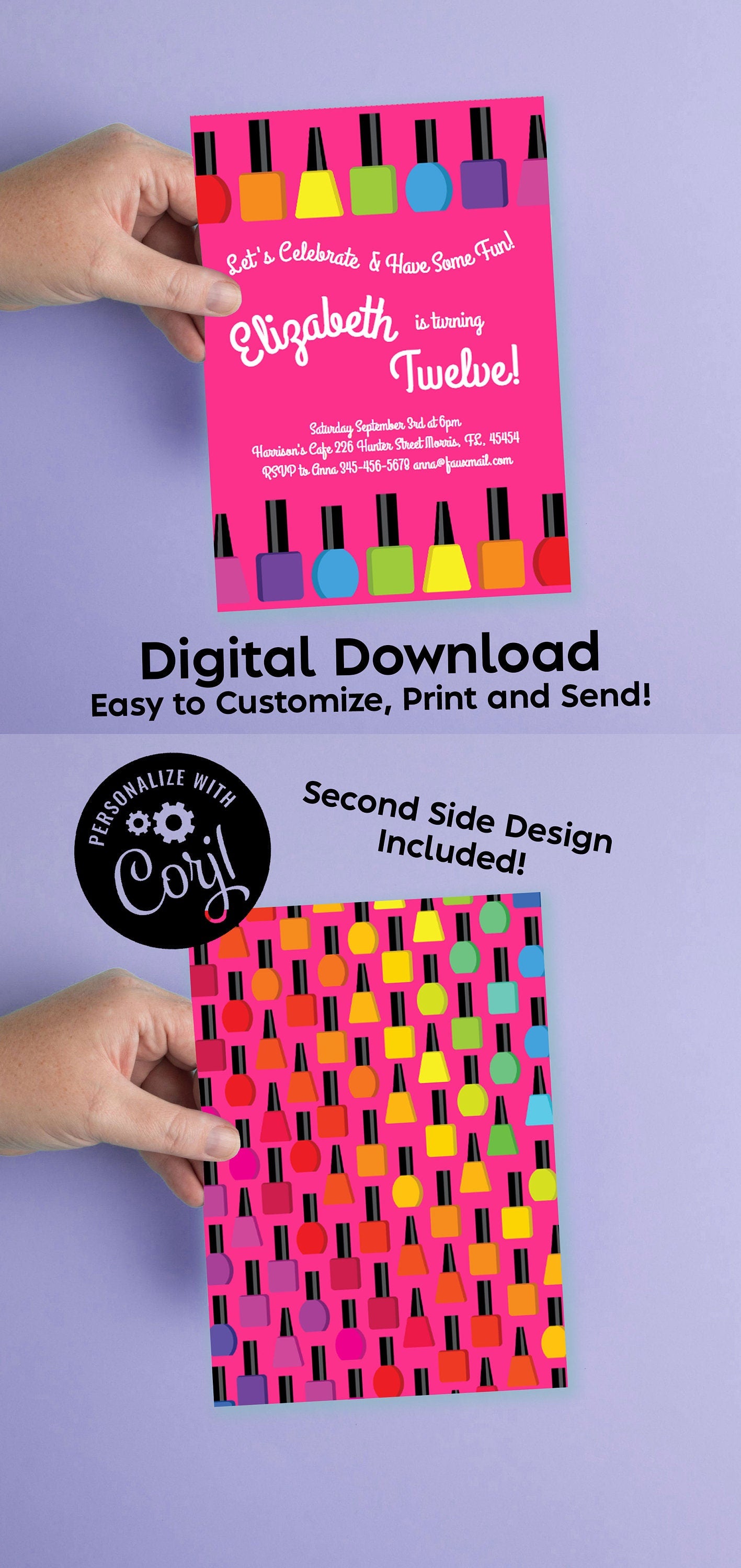 Spa Nail Painting Invitation Birthday Party Editable Digital Download Sleepover Girl Nail Polish Paint