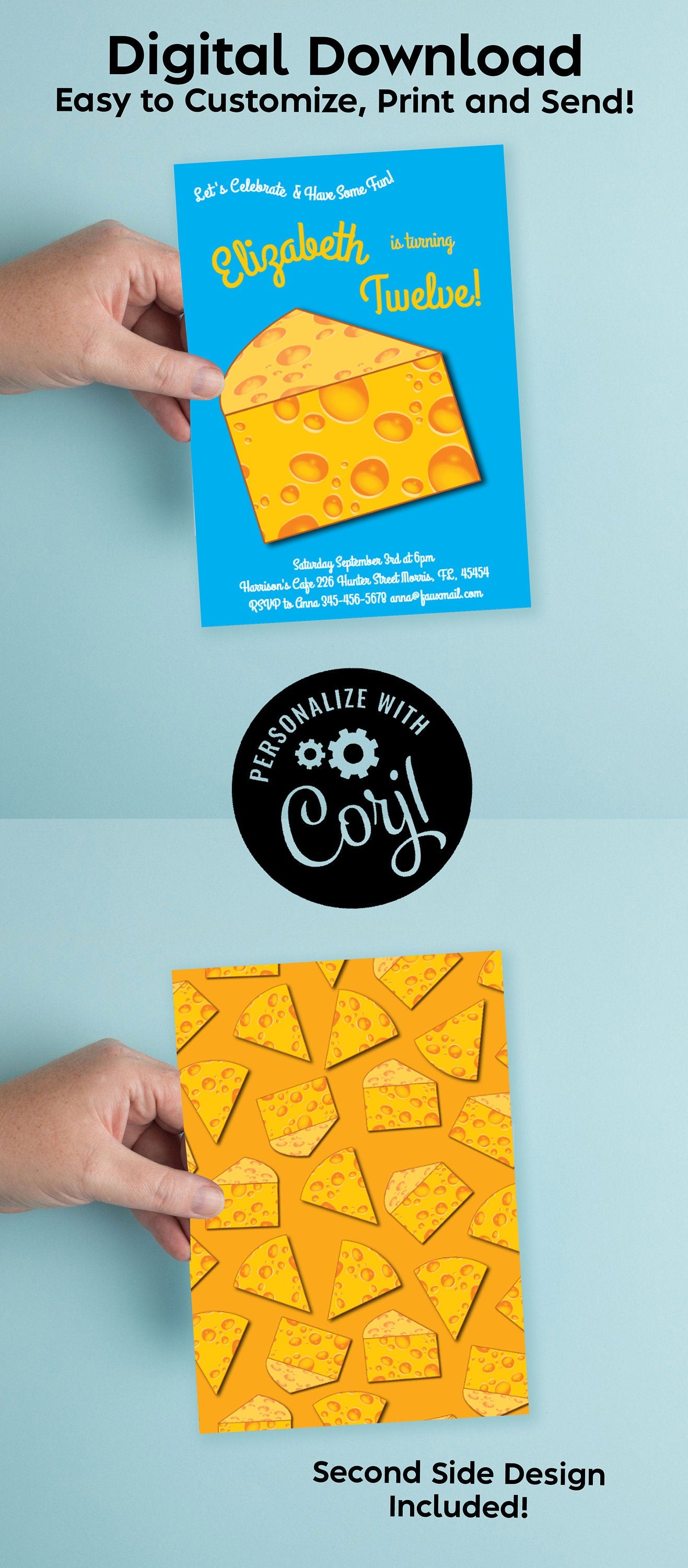 Cheese Birthday Party Invitation Editable Digital Download Cheddar Wedge Cute Kids Toddlers