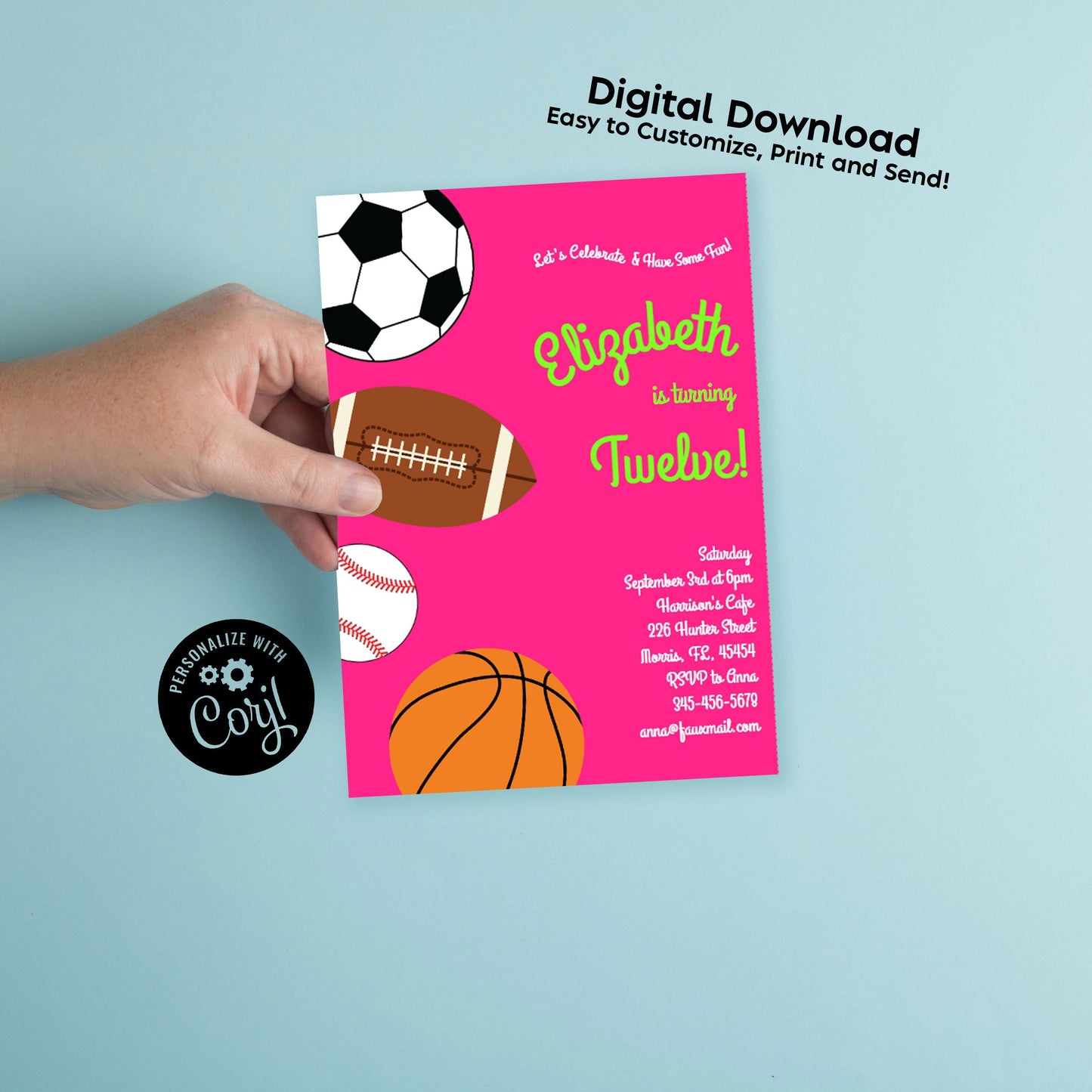Pink Sports Invitation Editable Digital Download Birthday Party Kids Football Baseball Basketball Soccer