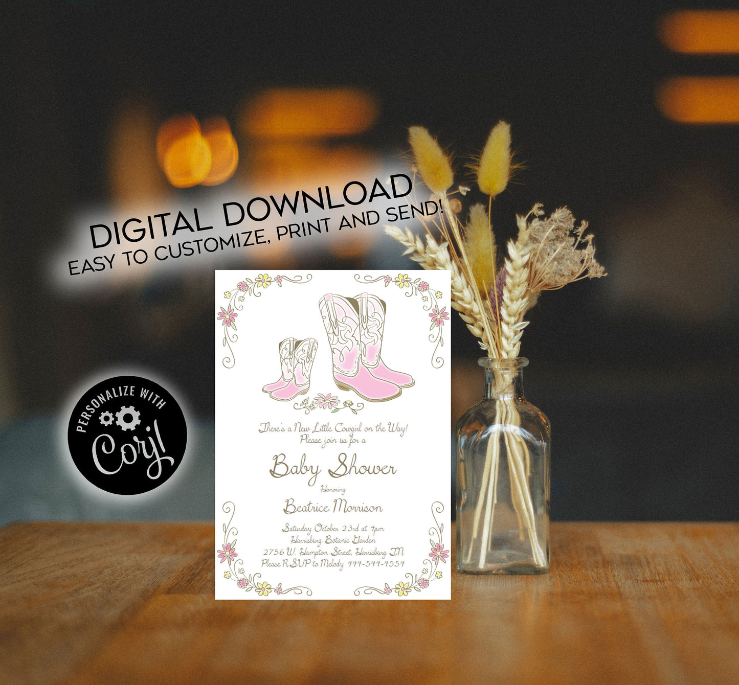 Cowgirl Baby Shower Invitation Editable Digital Country Western Pink Girl Boots Cute Download