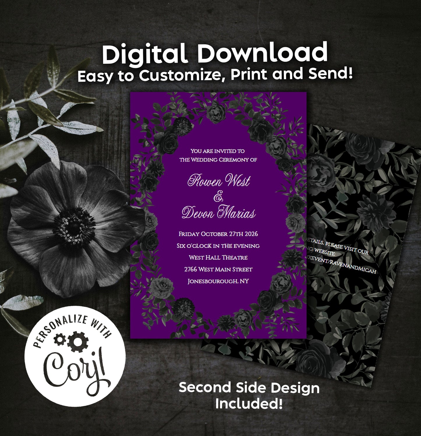 Purple Black Elegant Gothic Wedding Invitation Editable Digital Download Roses Party