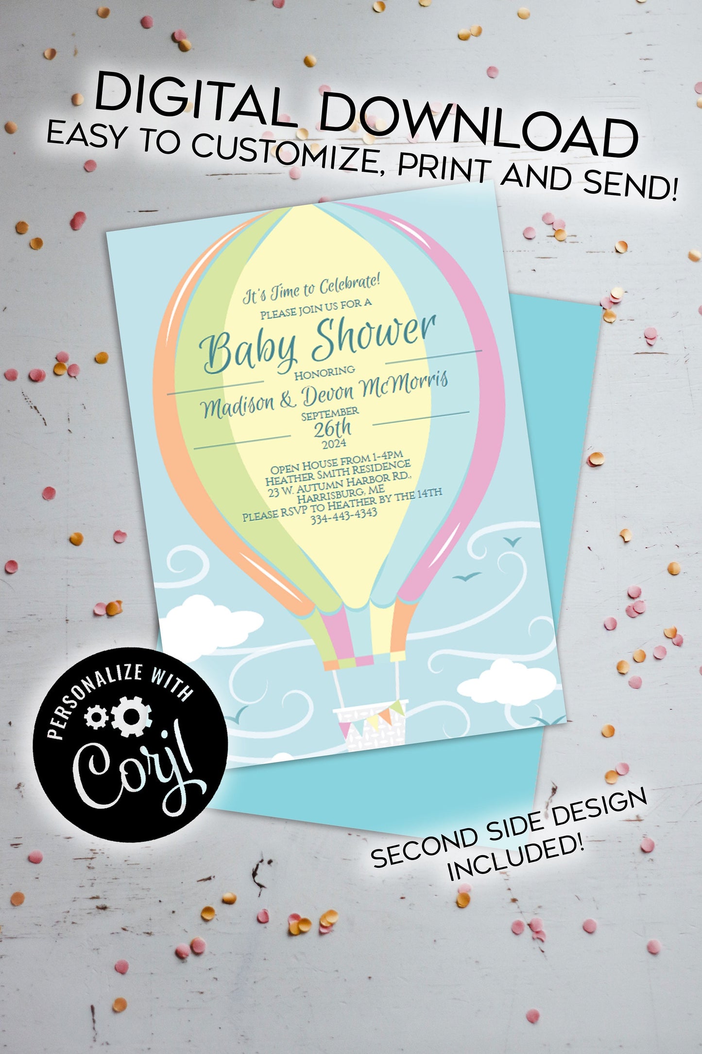 Pastel Rainbow Hot Air Balloon Baby Shower Invitation Editable Digital Elegant Download