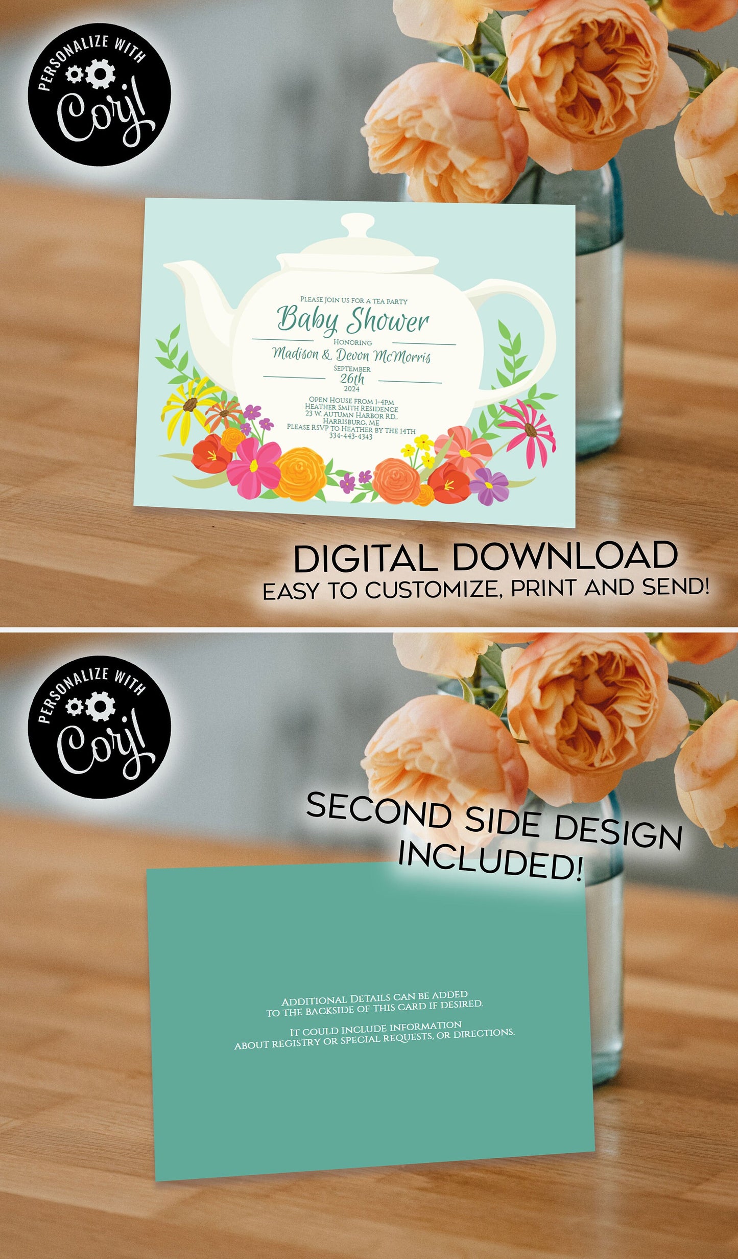 Tea Party Baby Shower Invitation Editable Digital Teapot Teal Spring Flowers Download
