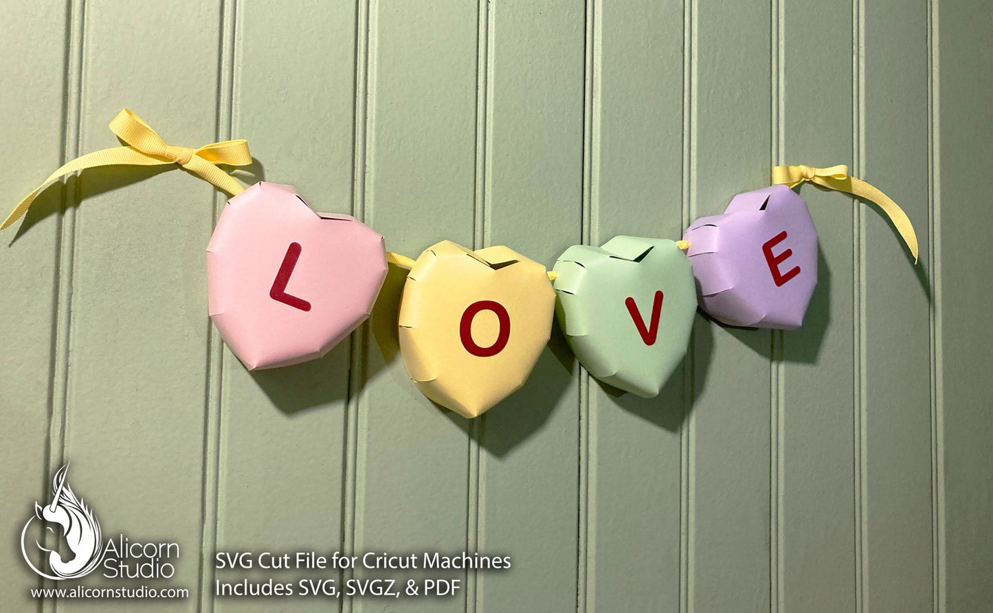 3D Paper Candy Hearts Valentine's Day Banner Bunting SVG File Cut File for Cricut Party Decor