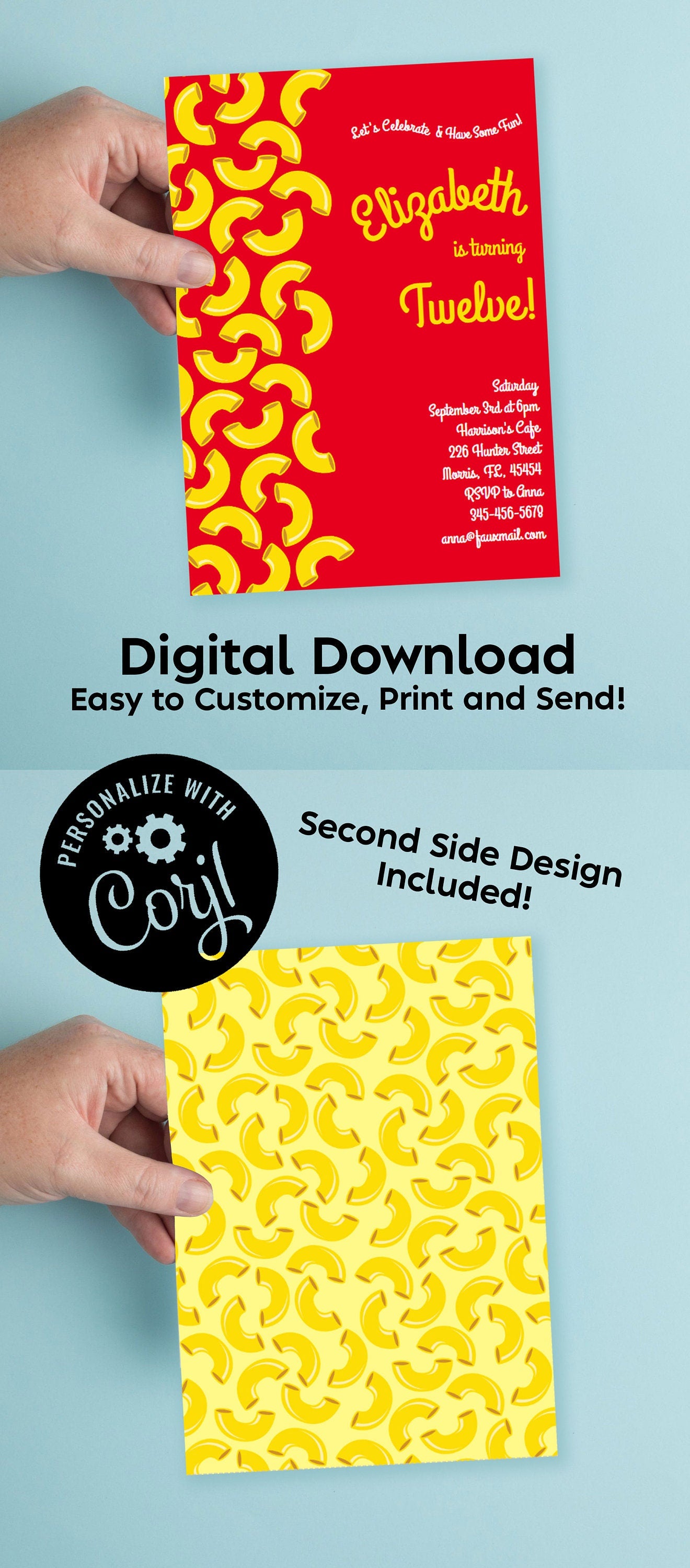 Mac and Cheese Birthday Party Invitation Editable Digital Download Cute Noodles Pasta Kids Macaroni