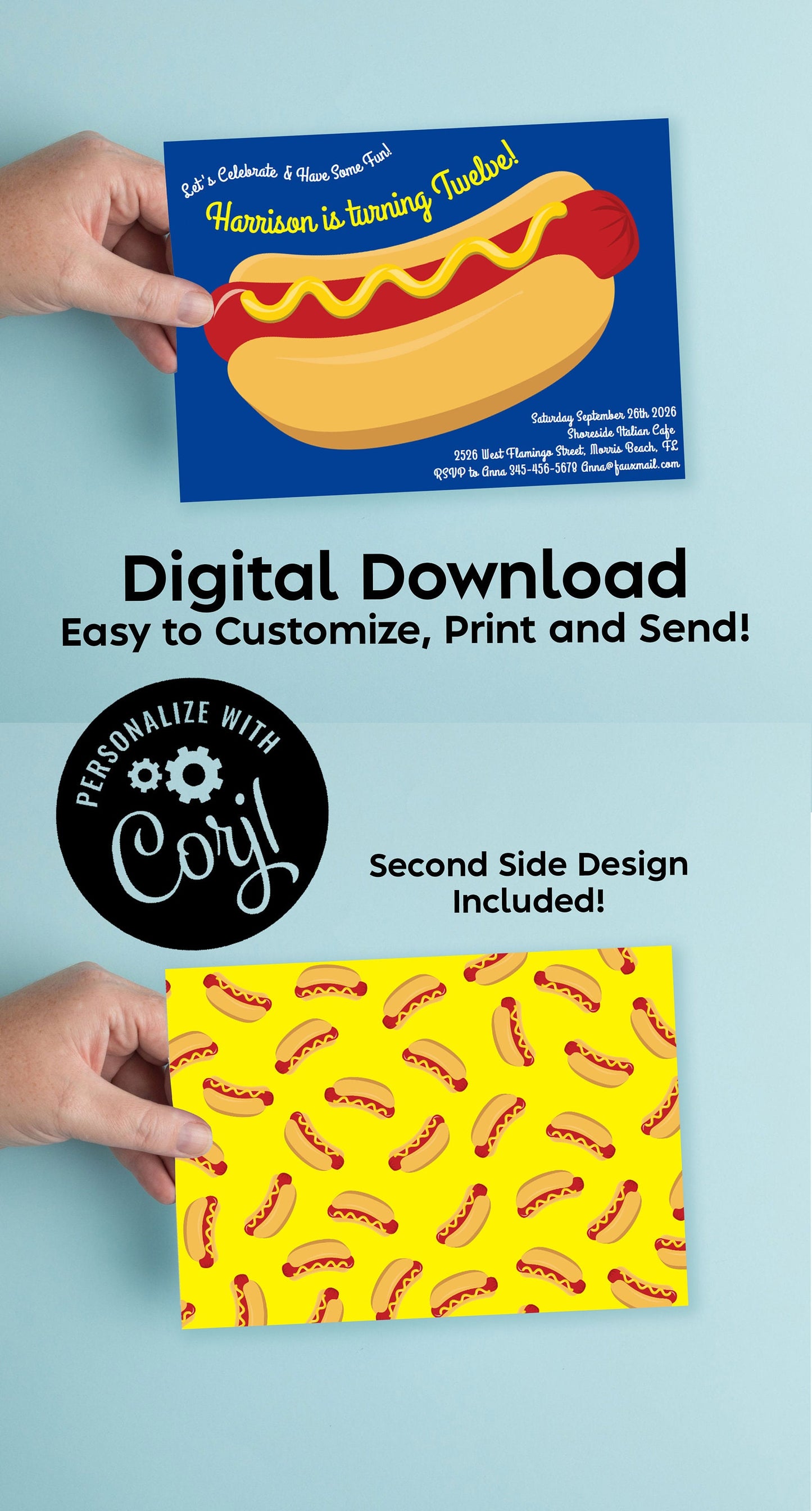 Hot Dog Birthday Party Invitation Editable Digital Download Cute Kids Cookout Wiener Roast