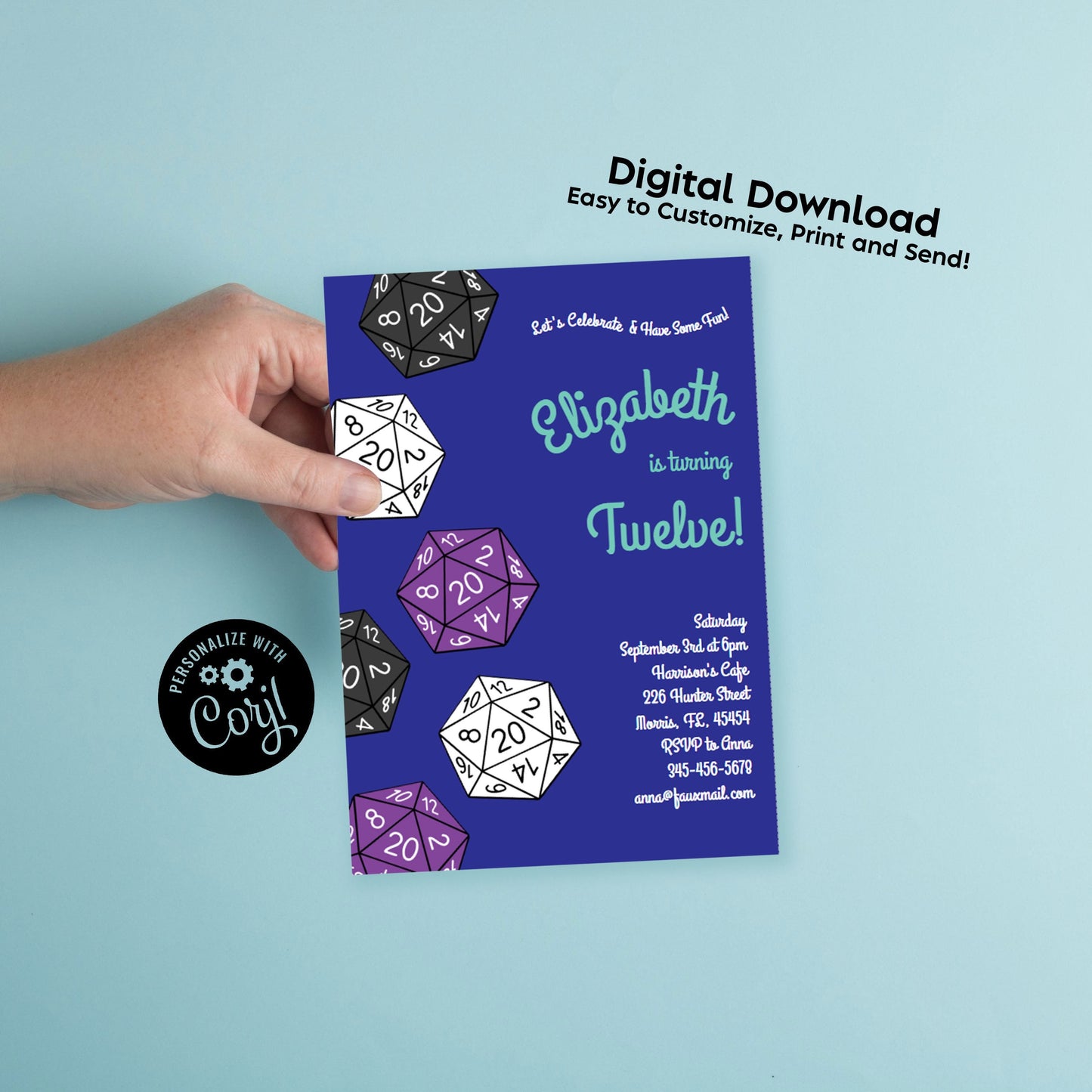 DND Dungeons and Dragons Birthday Party Invitation Editable Digital Download 20 Sided Dice Kids