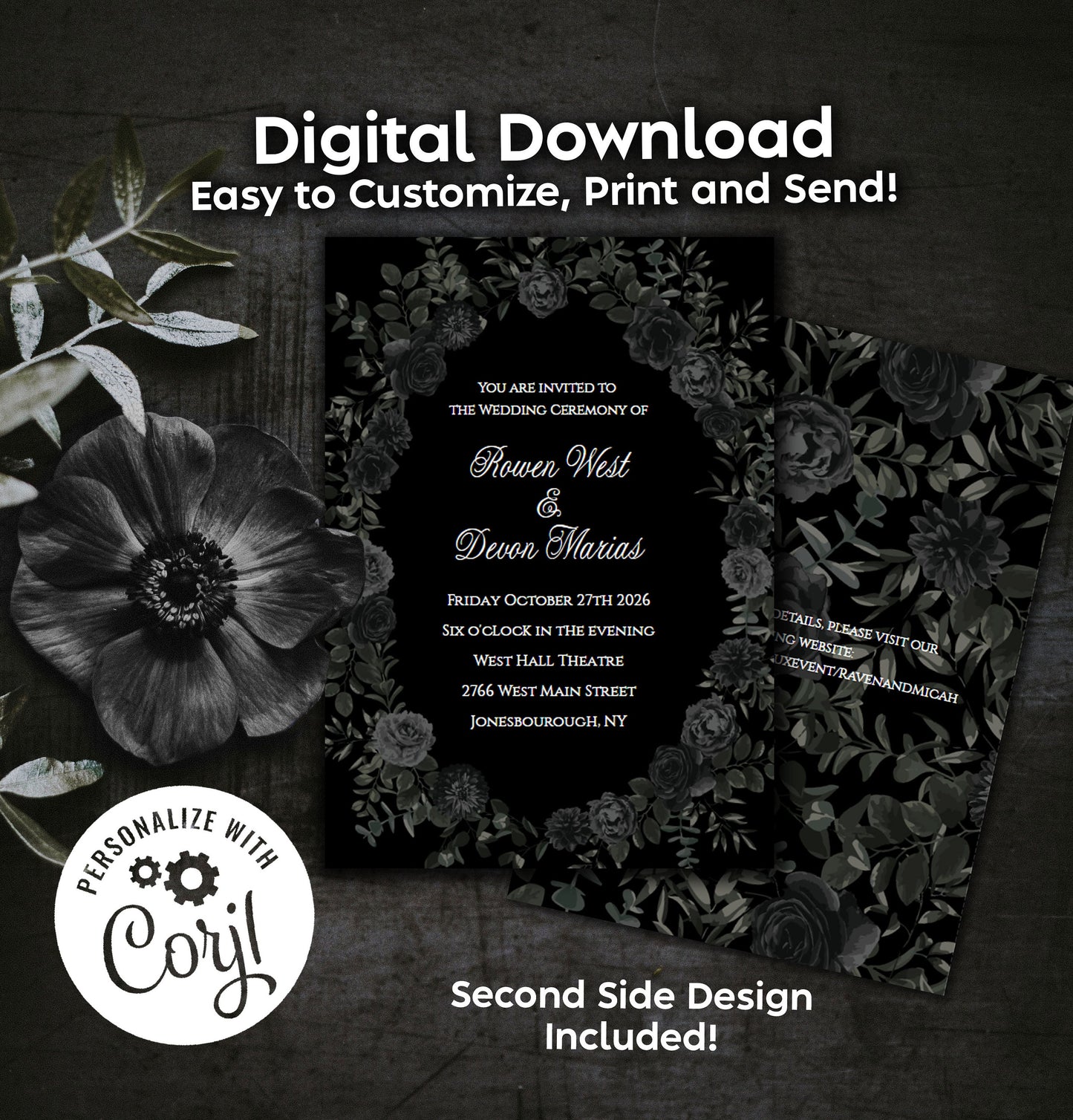 Black White Elegant Gothic Wedding Invitation Editable Digital Download Black Roses Party