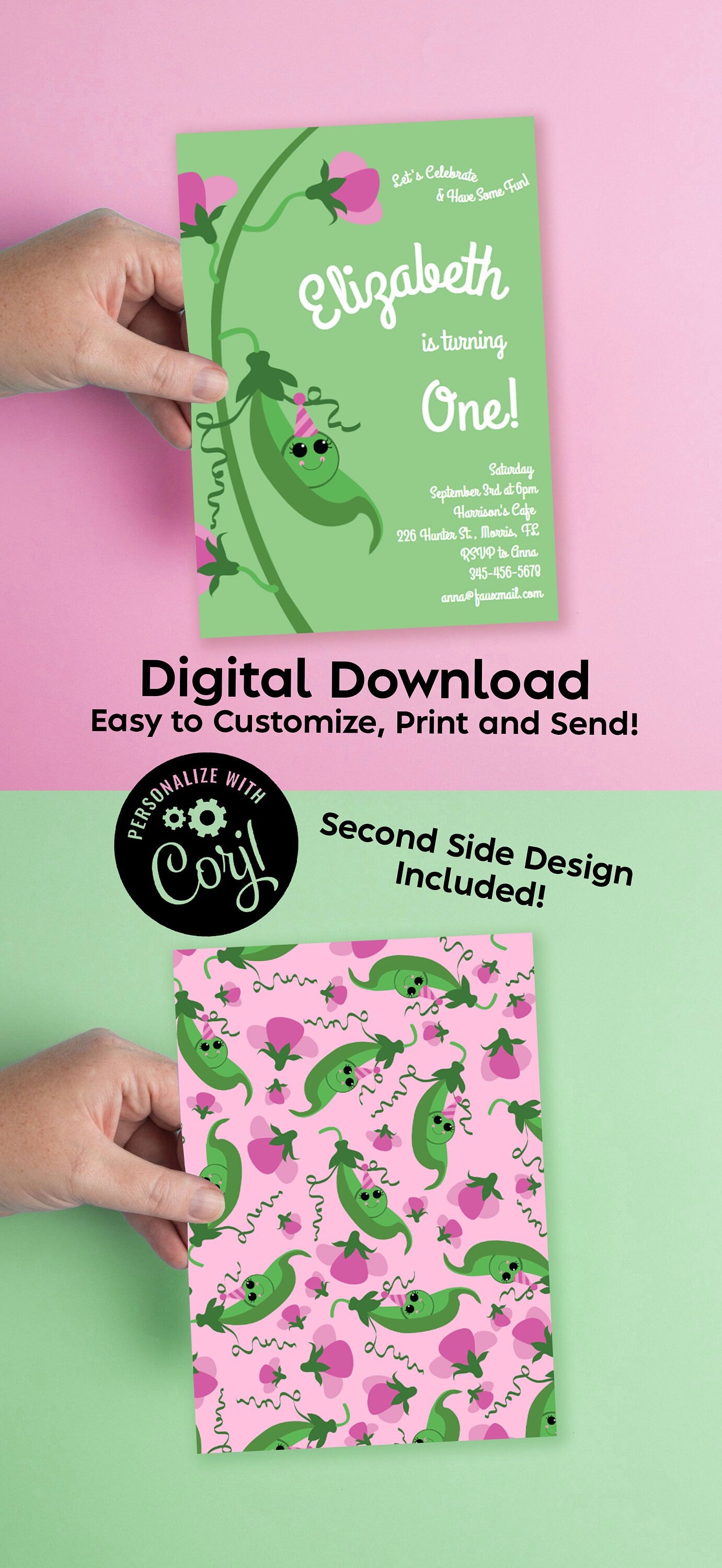Sweet Pea Birthday Party Invitation Editable Digital Download Cute Kids 1st Toddler