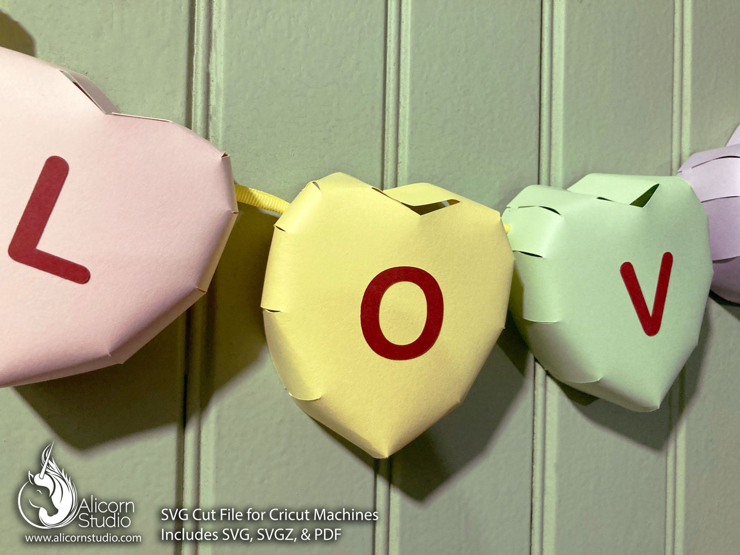 3D Paper Candy Hearts Valentine's Day Banner Bunting SVG File Cut File for Cricut Party Decor