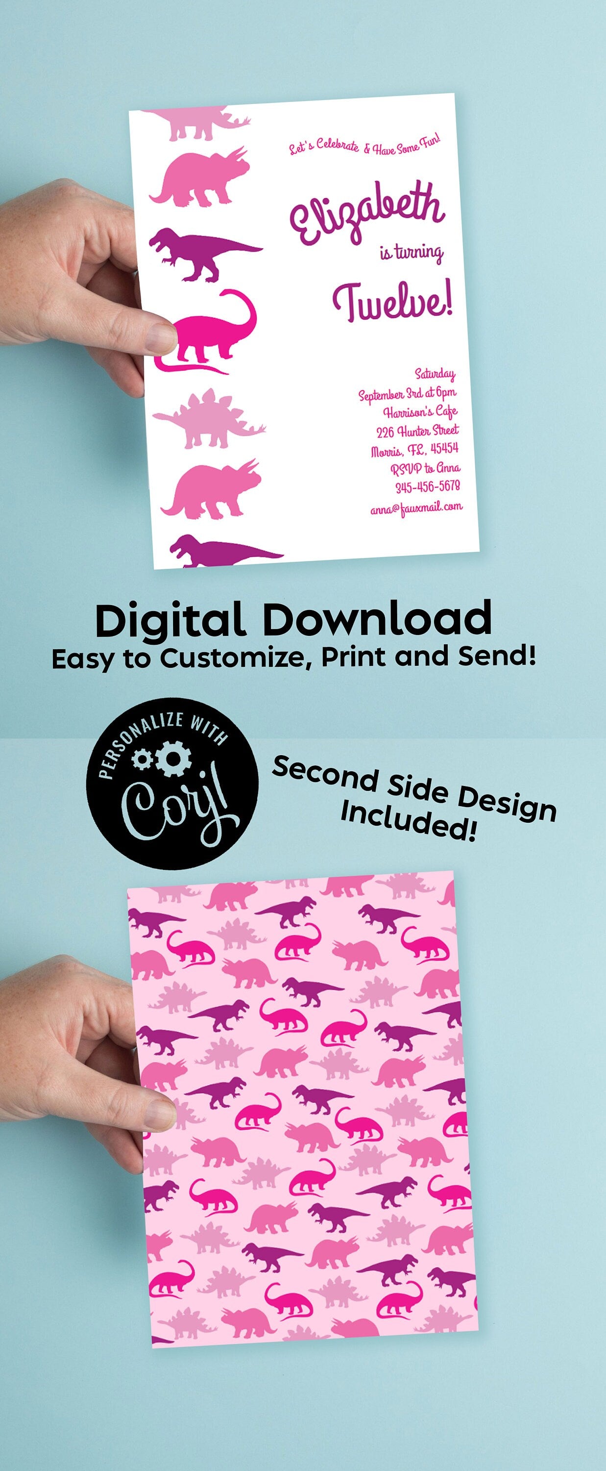 Pink Dinosaur Birthday Party Invitation Editable Digital Download Cute Kids Silhouette Girls