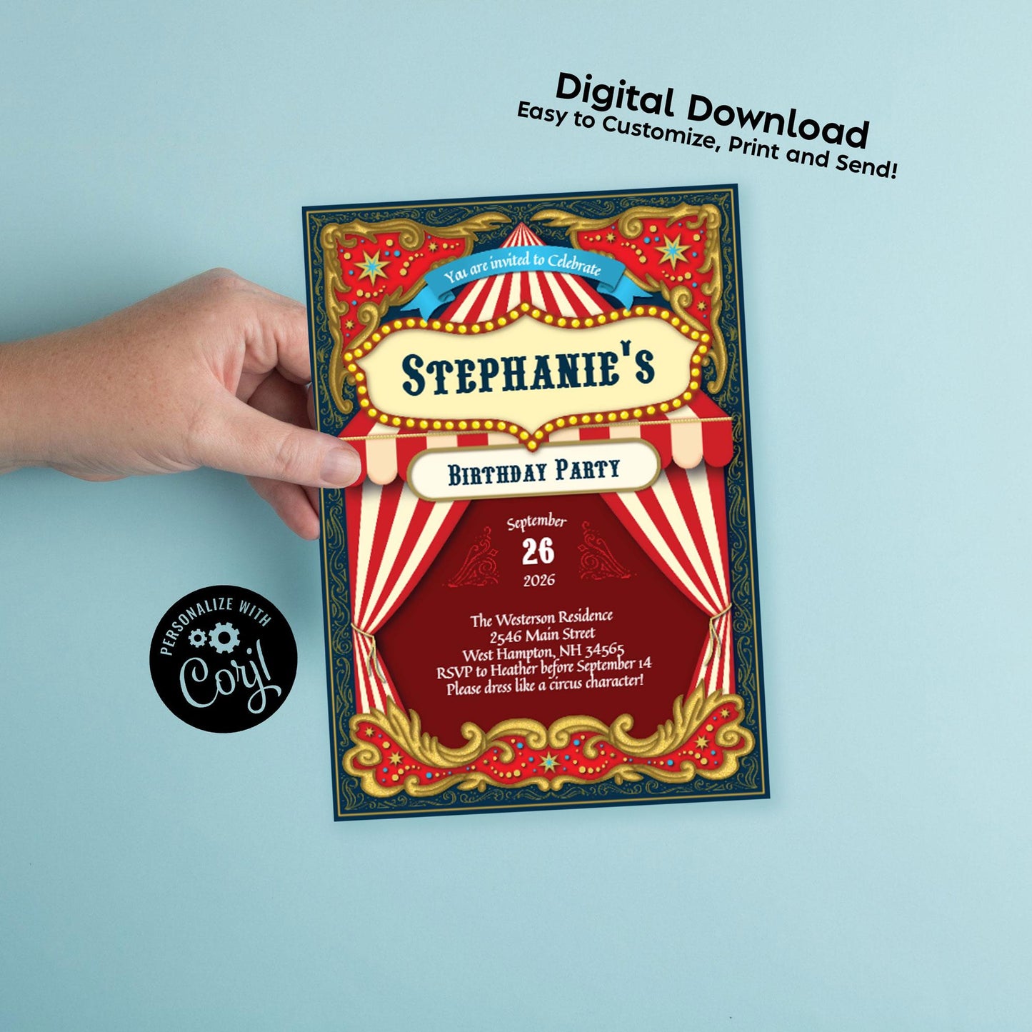 Circus Carnival Birthday Party Invitation Editable Digital Download Cute Kids Big Top 1st Toddler