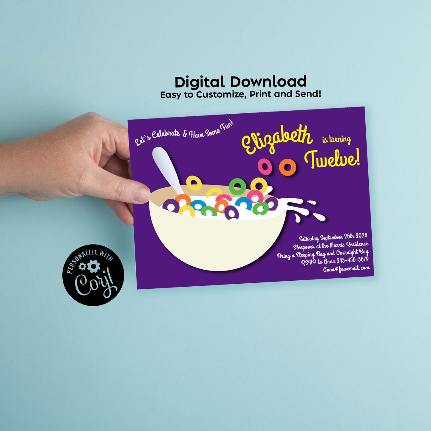 Cereal Bowl Birthday Party Invitation Editable Digital Download Sleepover Cute Kids