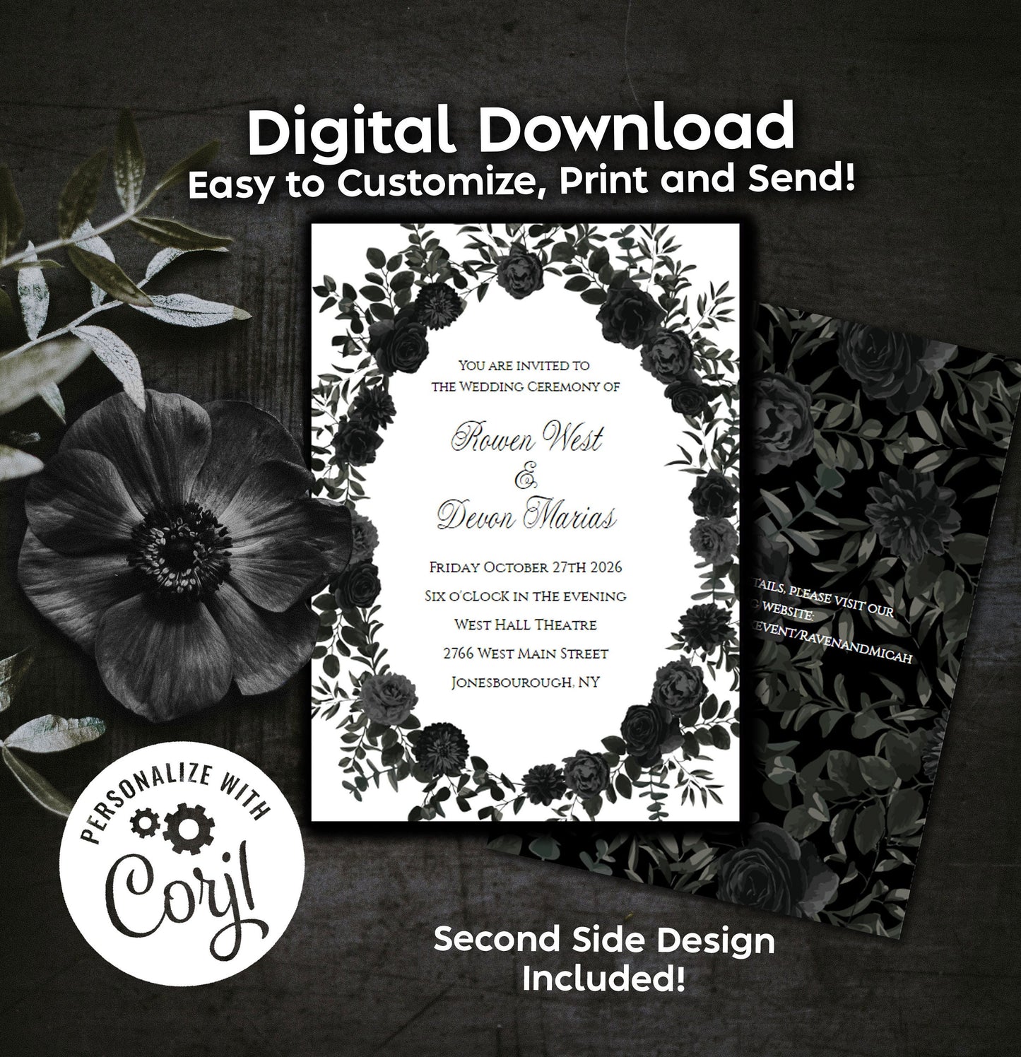 White Black Elegant Gothic Wedding Invitation Editable Digital Download Black Roses Party
