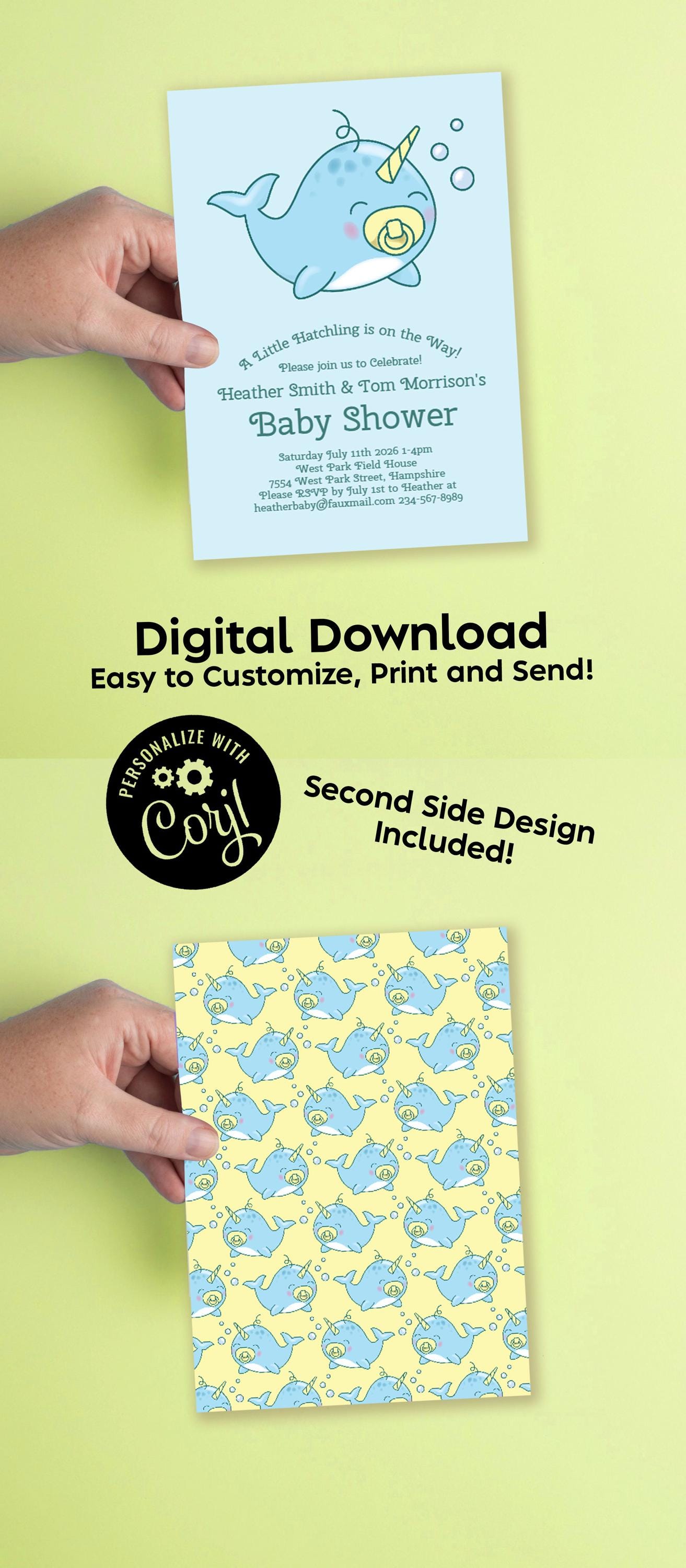 Narwhal Under the Sea Baby Shower Invitation Editable Digital Download Cute Kids