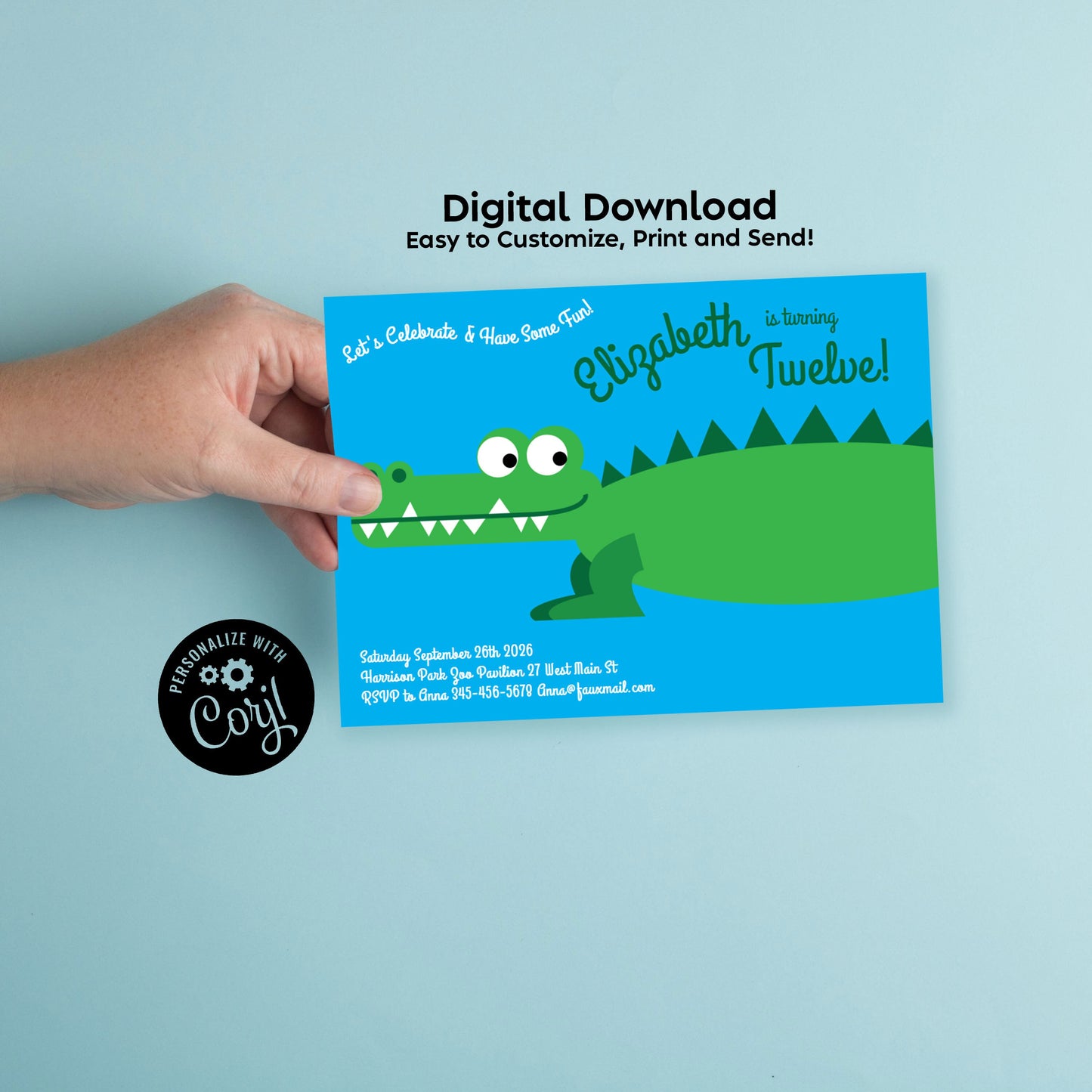 Gator Alligator Crocodile Birthday Party Invitation Editable Digital Download Cute Kids Reptile Croc