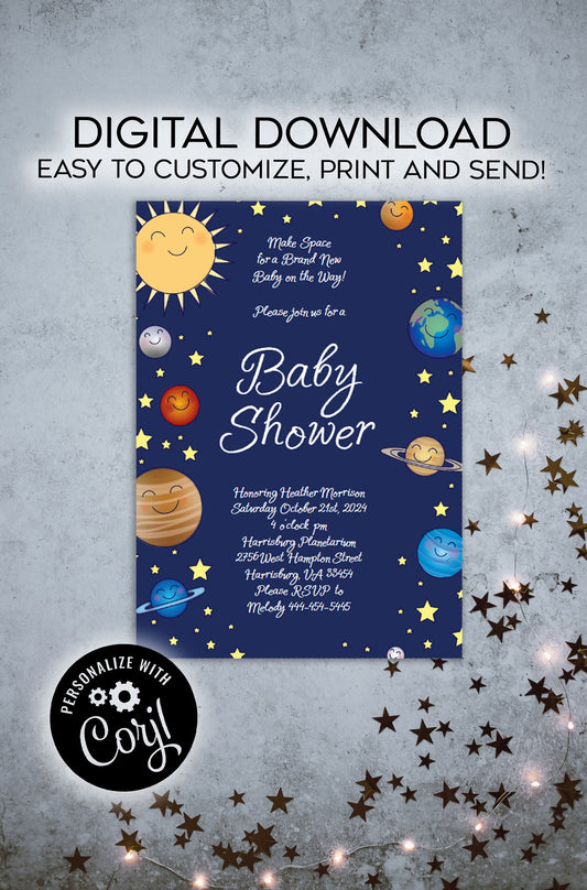 Outer Space Baby Shower Invitation Editable Digital Planets Galaxy Universe Stars Download
