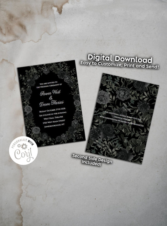 Black White Elegant Gothic Wedding Invitation Editable Digital Download Black Roses Party