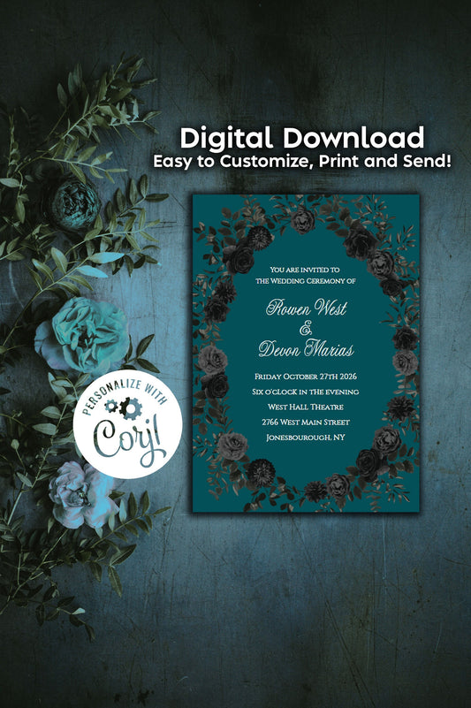 Teal Black Elegant Gothic Wedding Invitation Editable Digital Download Roses Party